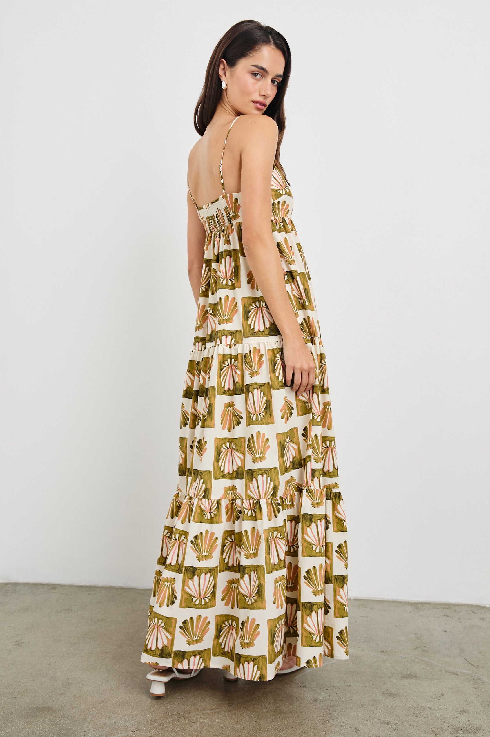 Mica Midi Tank Dress with and Empire Waist, Spaghetti Straps, a Keyhole at Center Front, Ties and a Tiered Skirt in Checkered Shells Colorway. Back View Shown on Model.