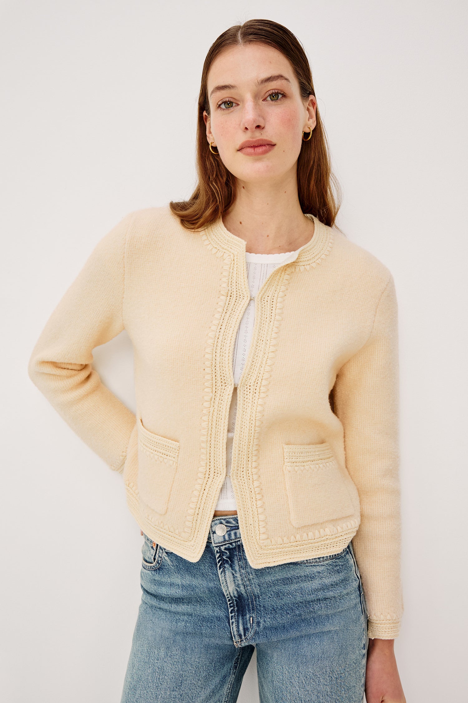 Micala Lady Jacket in Wool Blend With Round Collar Front Hook-and-Loop Closures Side Patch Pockets and Long Sleeves in Oat Colorway - Upper Body Front View Featured on Model