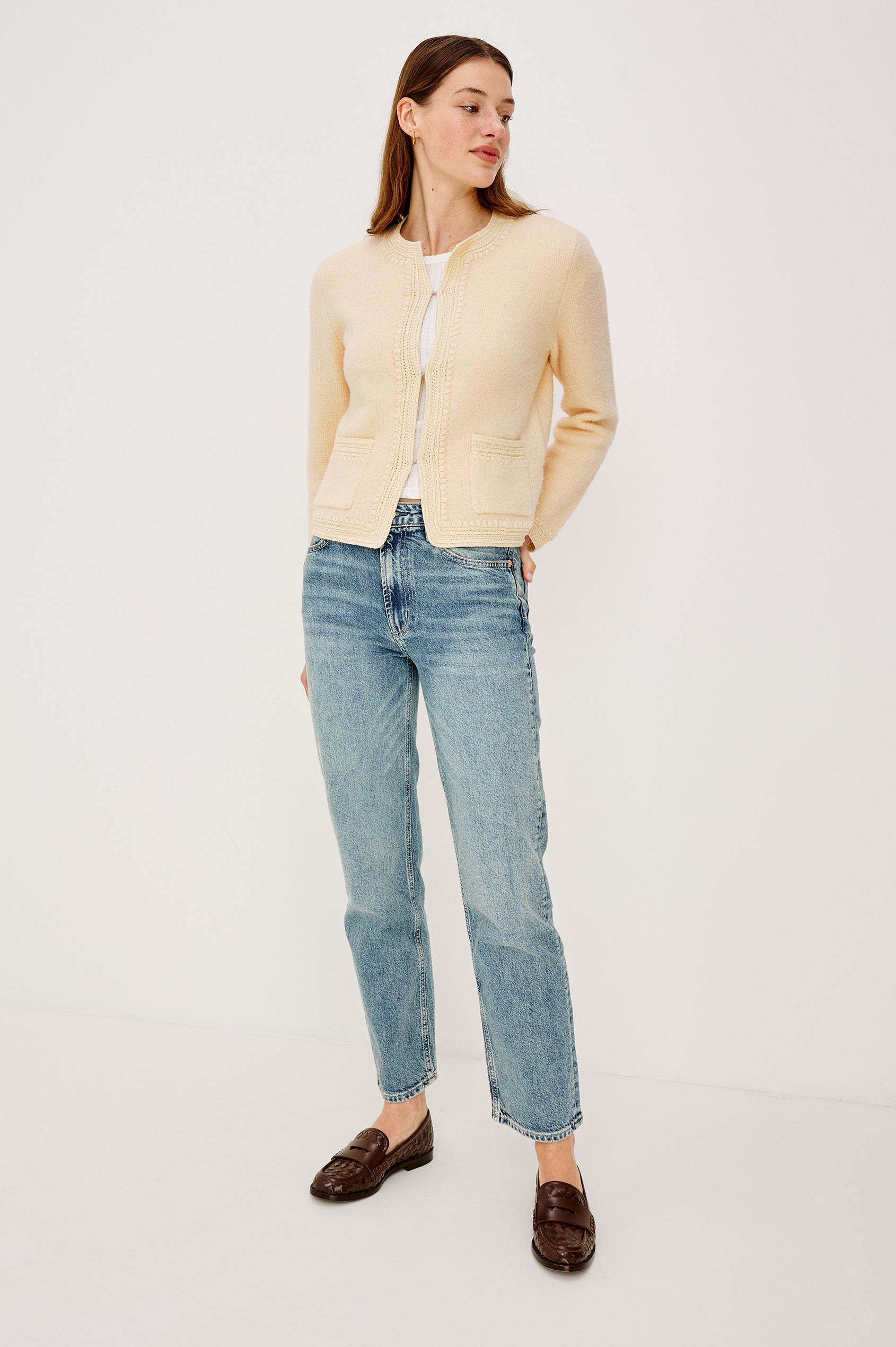 Micala Lady Jacket in Wool Blend With Round Collar Front Hook-and-Loop Closures Side Patch Pockets and Long Sleeves in Oat Colorway - Upper Body Front View Featured on Model