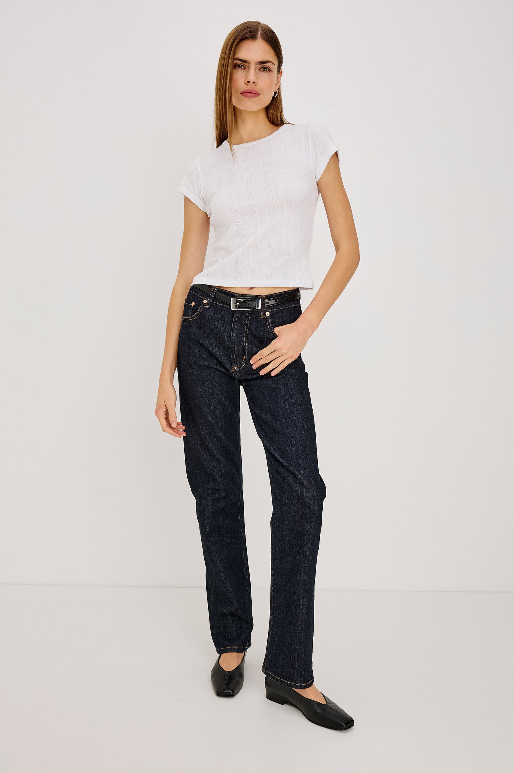 Mickey Top in Pointelle Cotton With Cropped Fit, Crew Neckline, and Cuffed Cap Sleeves in White Pointelle Colorway - Full Body Front View Featured on Model