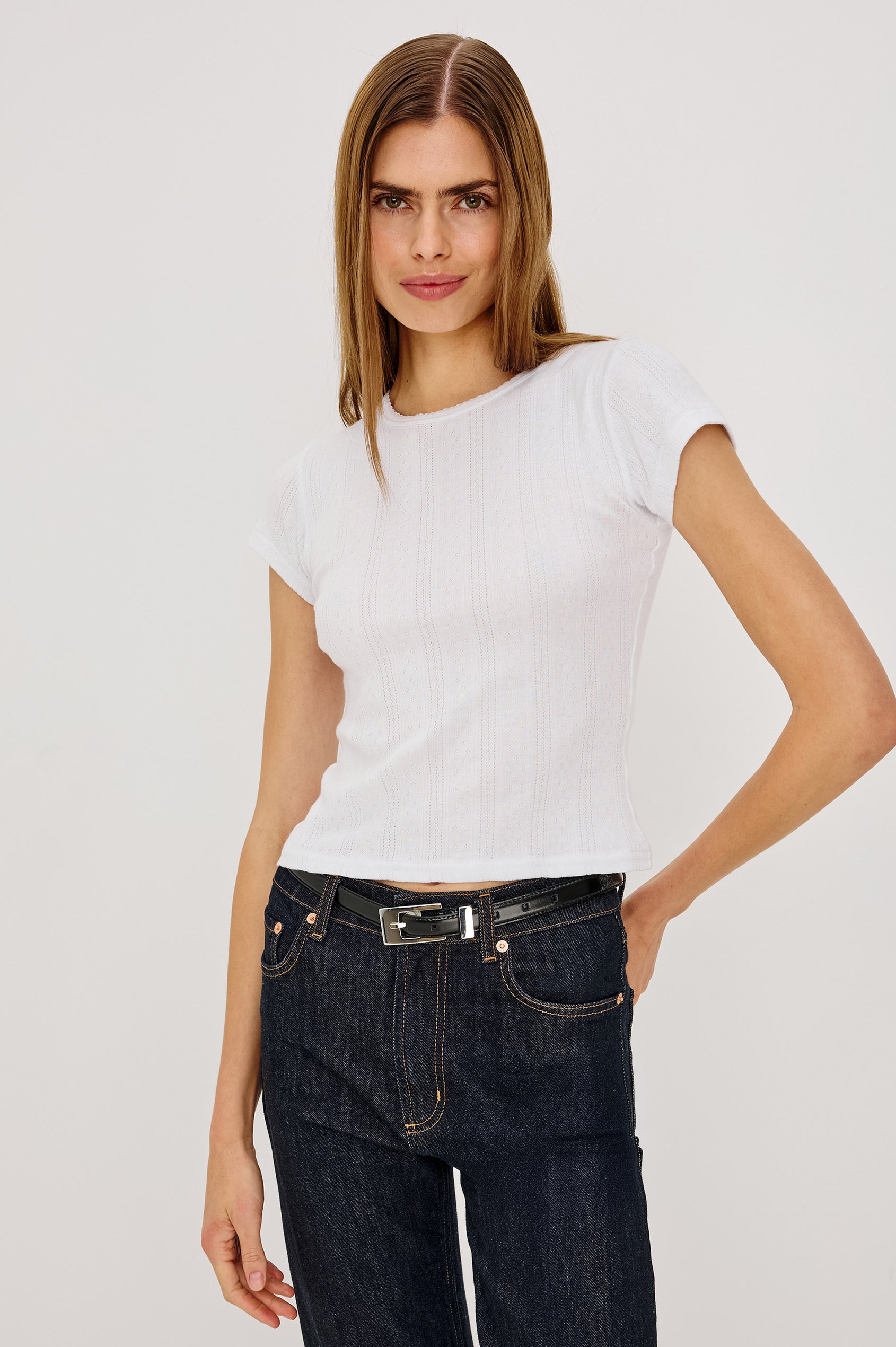 Mickey Top in Pointelle Cotton With Cropped Fit, Crew Neckline, and Cuffed Cap Sleeves in White Pointelle Colorway - Upper Body Front View Featured on Model