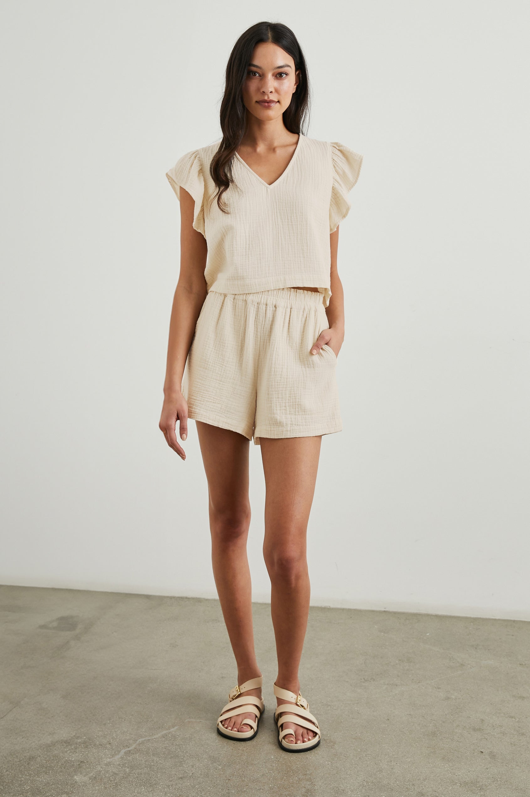 Miley Cropped, Short-Sleeve, V Neck Top with Flutter Sleeves and Textured Fabric in Flex Colorway - Front Full Body View Featured on Model