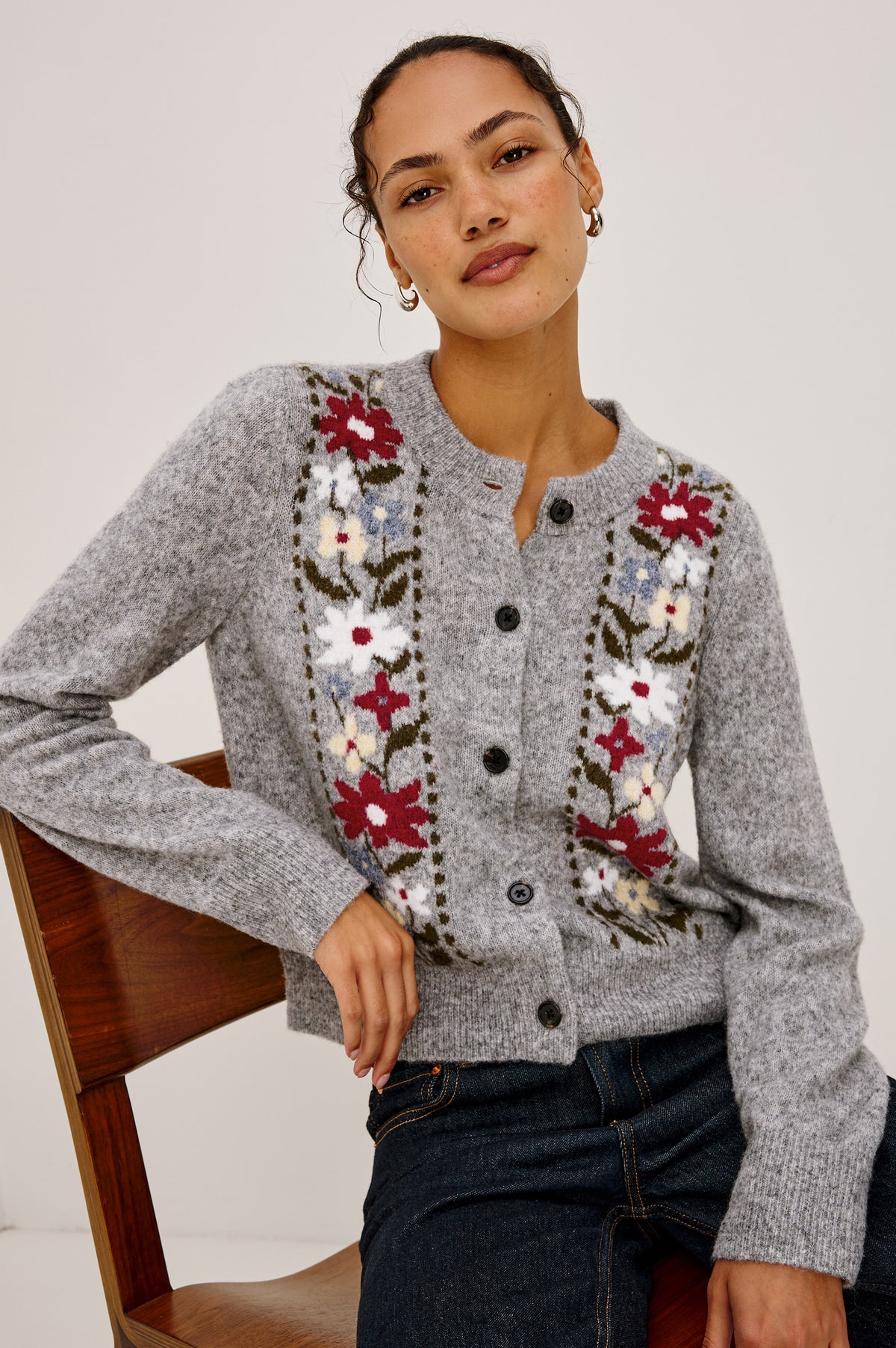 Millie Cardigan in Wool Blend Knit With Slightly Cropped Relaxed Fit, Crew Neck, Front Buttons, Long Sleeves, and Ribbed Trim in Grey Flora Colorway - Upper Body Front View Featured on Model