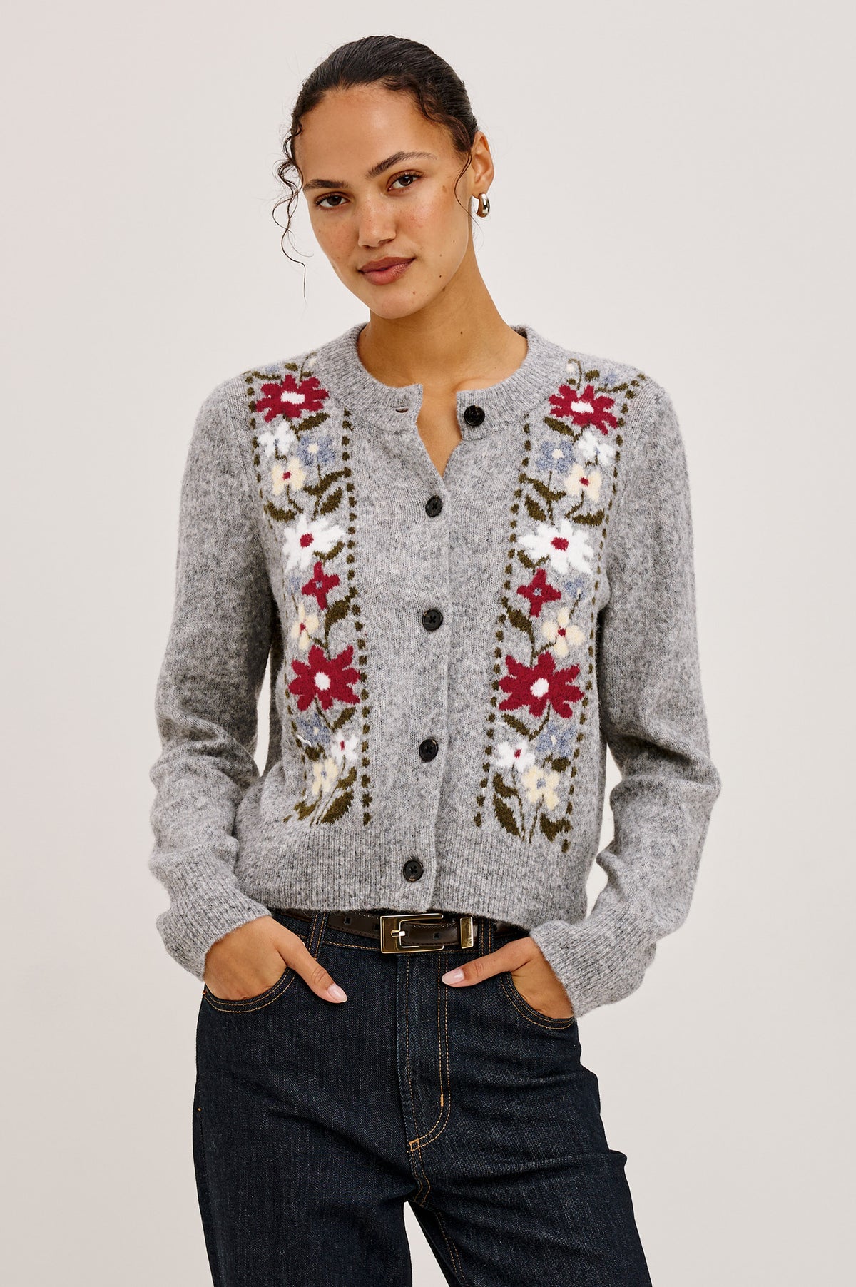 Millie Cardigan in Wool Blend Knit With Slightly Cropped Relaxed Fit, Crew Neck, Front Buttons, Long Sleeves, and Ribbed Trim in Grey Flora Colorway - Upper Body Front View Featured on Model