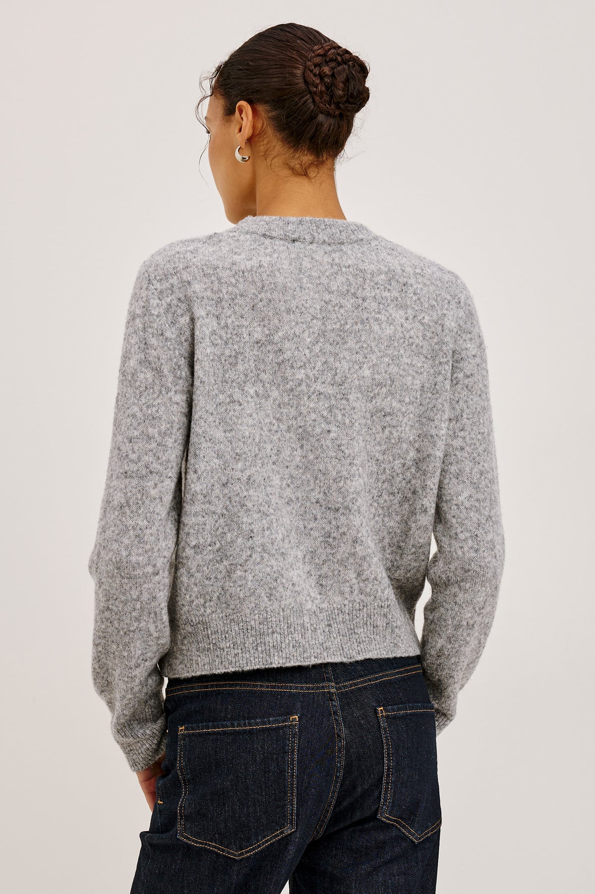 Millie Cardigan in Wool Blend Knit With Slightly Cropped Relaxed Fit, Crew Neck, Front Buttons, Long Sleeves, and Ribbed Trim in Grey Flora Colorway - Upper Body Back View Featured on Model