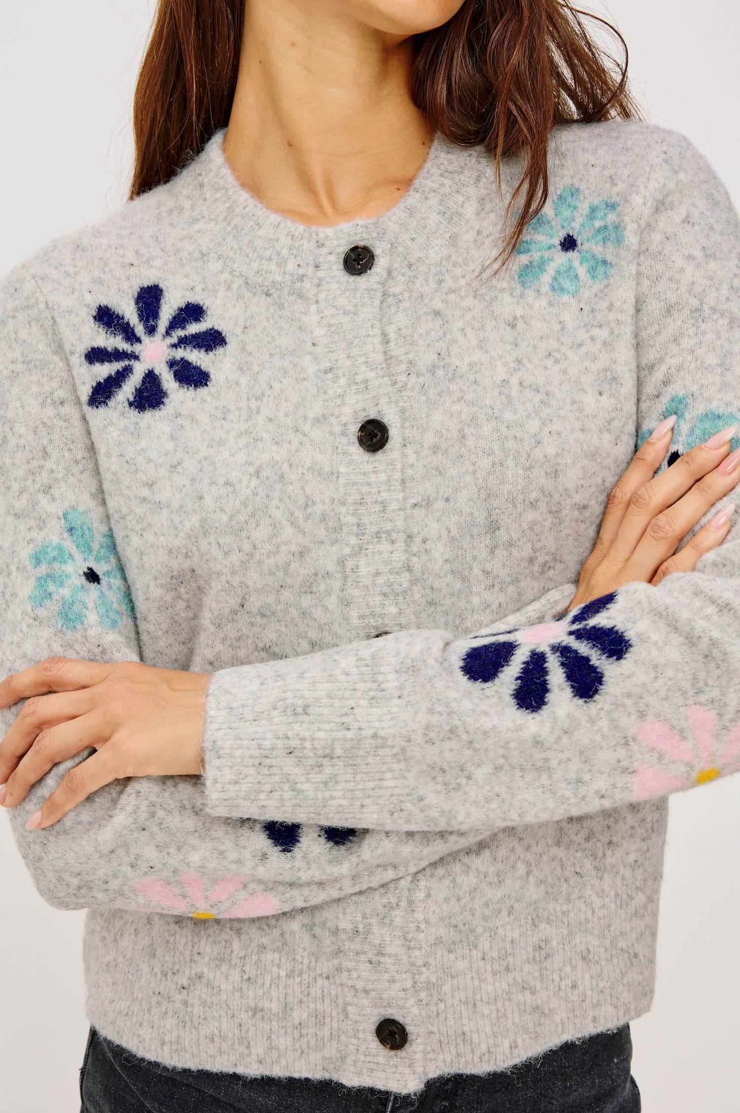 Millie Cardigan in Wool Blend With Contrast Floral Motif Pattern, Crew Neckline, Front Buttons, Ribbed Trim, and Long Sleeves in Grey Multi Colorway - Upper Body Close Up Front View Featured on Model