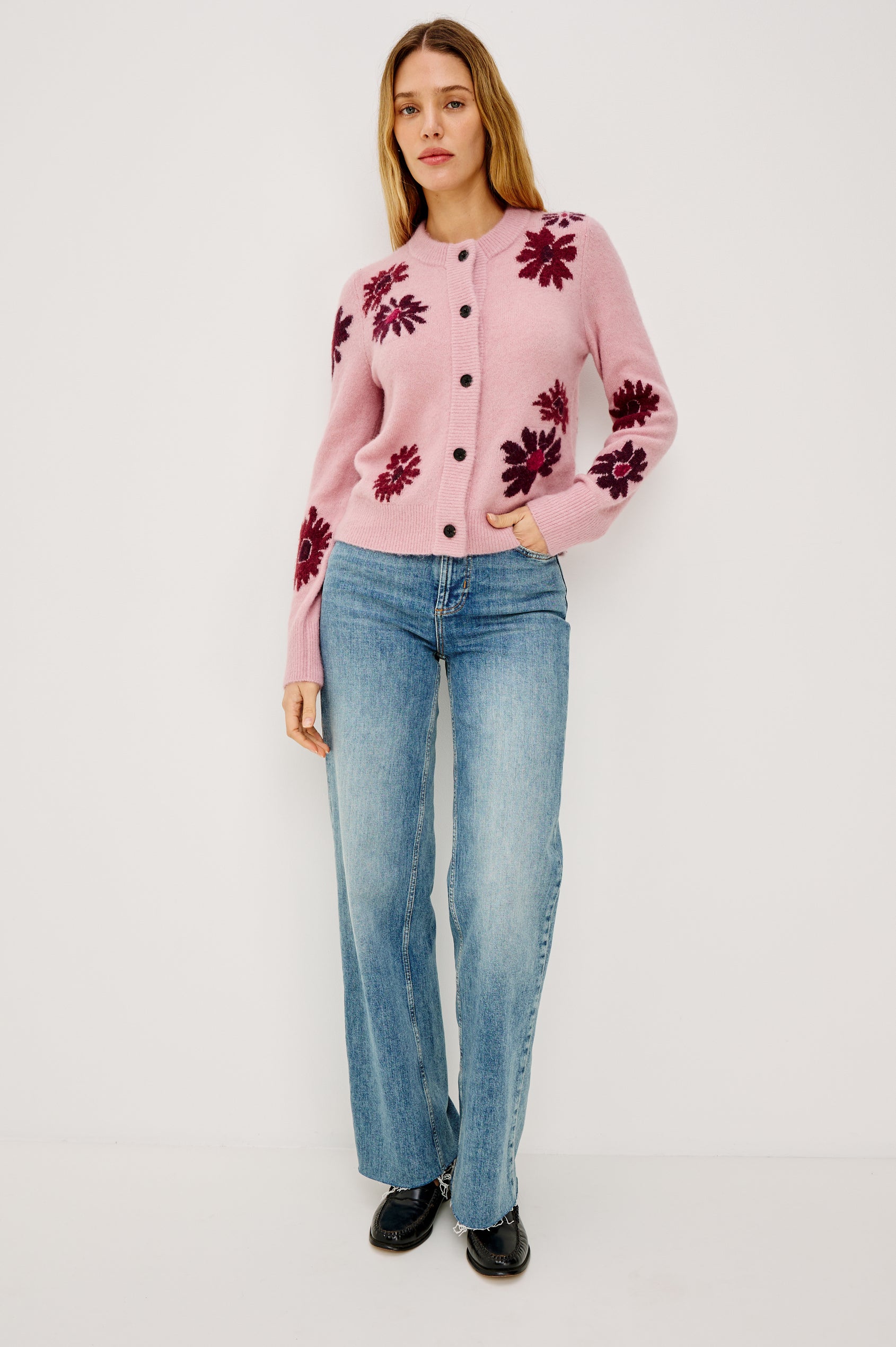 Millie Long-Sleeve Sweater with Front Button Closure, a Crew Neck and Ribbed Trim in Magenta Daisies colorway - Front View Featured on Model