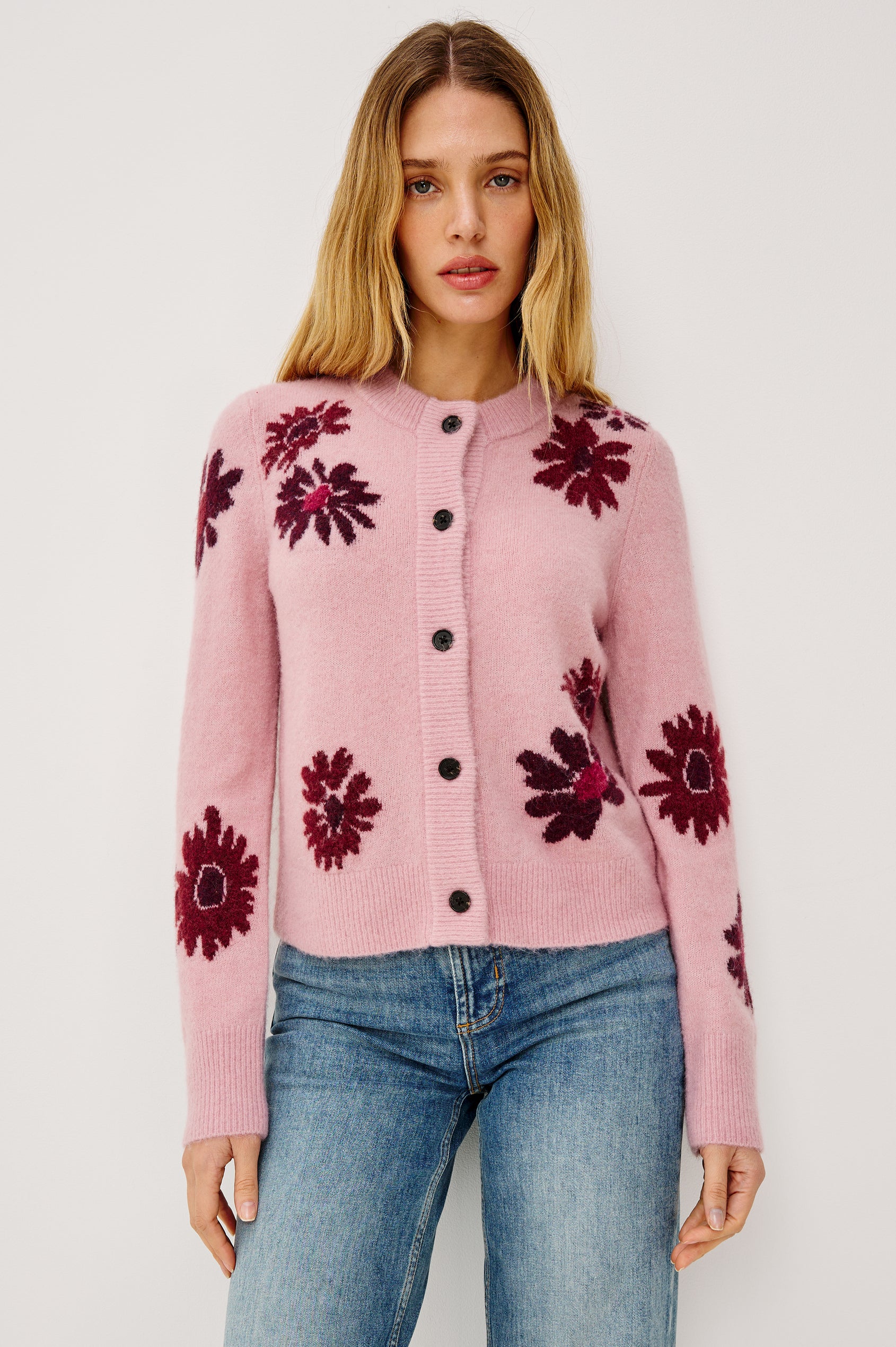 Millie Long-Sleeve Sweater with Front Button Closure, a Crew Neck and Ribbed Trim in Magenta Daisies colorway - Front View Featured on Model