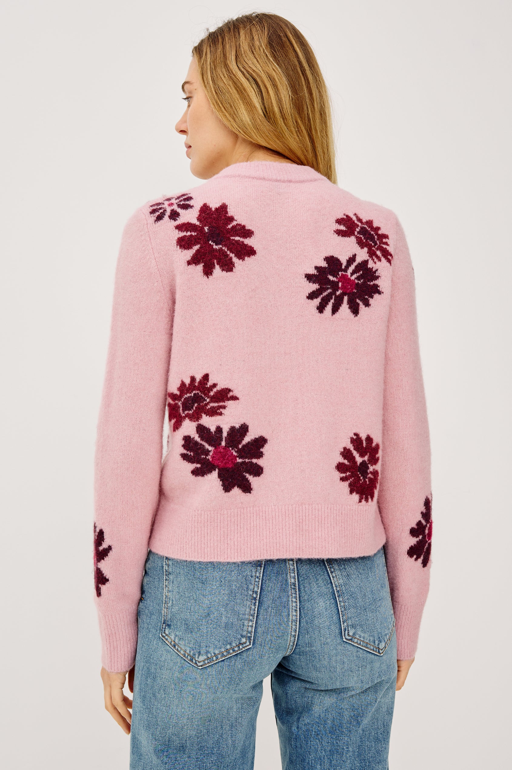 Millie Long-Sleeve Sweater with Front Button Closure, a Crew Neck and Ribbed Trim in Magenta Daisies colorway - Back View Featured on Model