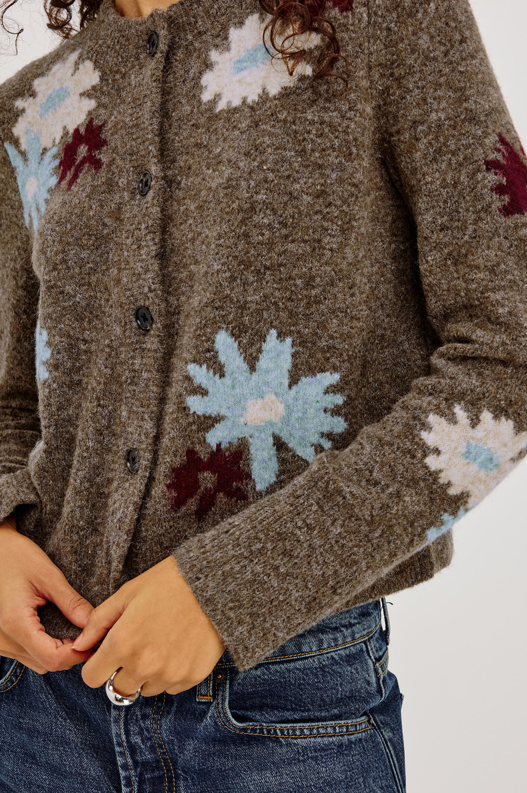 Millie Cardigan in Wool Blend Knit With Slightly Cropped Relaxed Fit, Crew Neck, Front Buttons, Long Sleeves, and Ribbed Trim in Grey Flora Colorway - Upper Body Front View Featured on Model