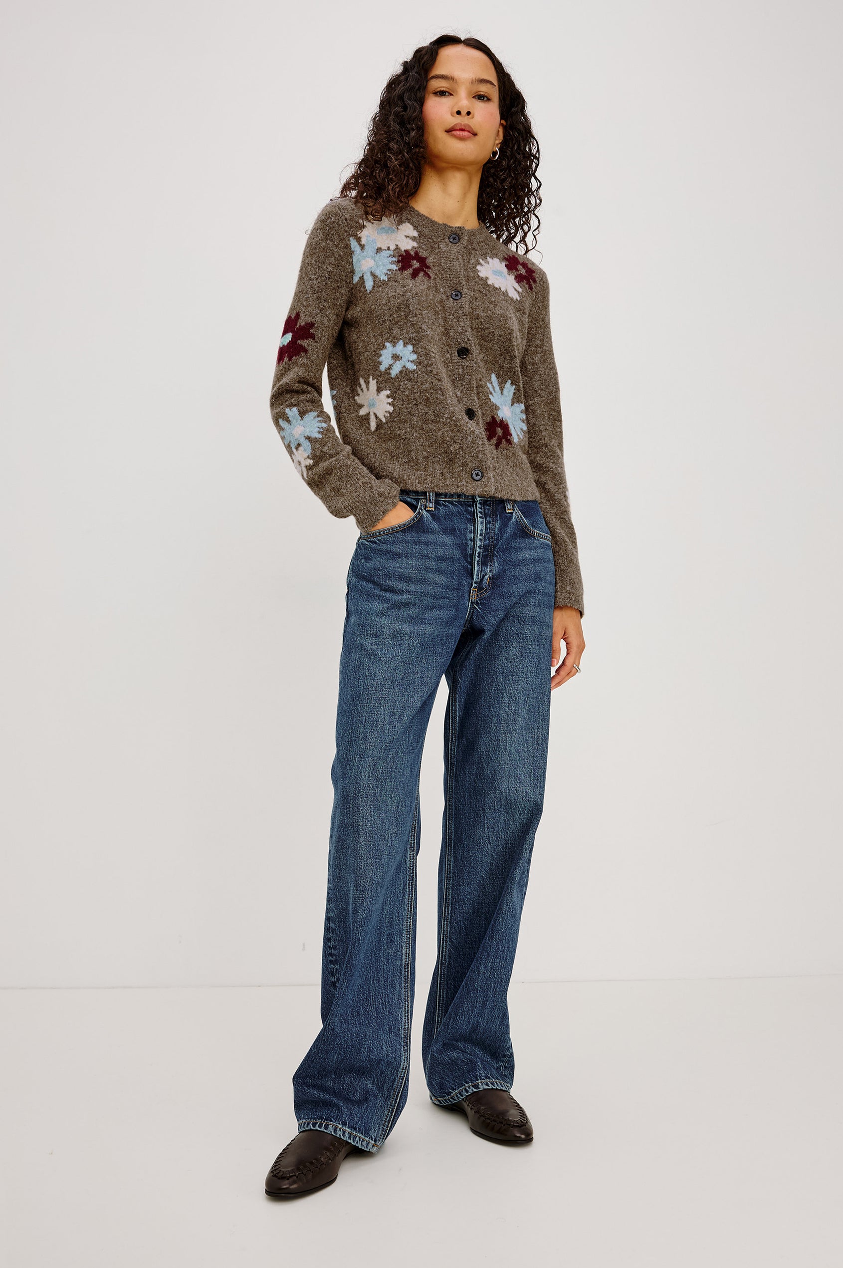 Millie Cardigan in Wool Blend Knit With Slightly Cropped Relaxed Fit, Crew Neck, Front Buttons, Long Sleeves, and Ribbed Trim in Grey Flora Colorway - Full Body Front View Featured on Model