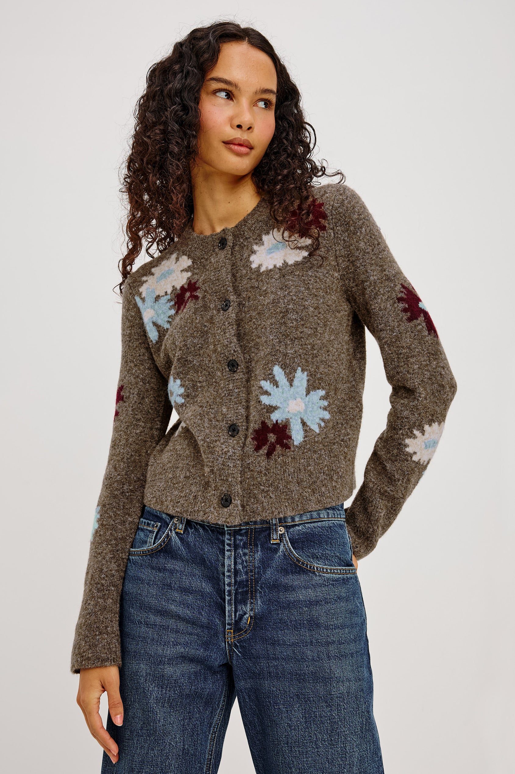 Millie Cardigan in Wool Blend Knit With Slightly Cropped Relaxed Fit, Crew Neck, Front Buttons, Long Sleeves, and Ribbed Trim in Grey Flora Colorway - Upper Body Front View Featured on Model
