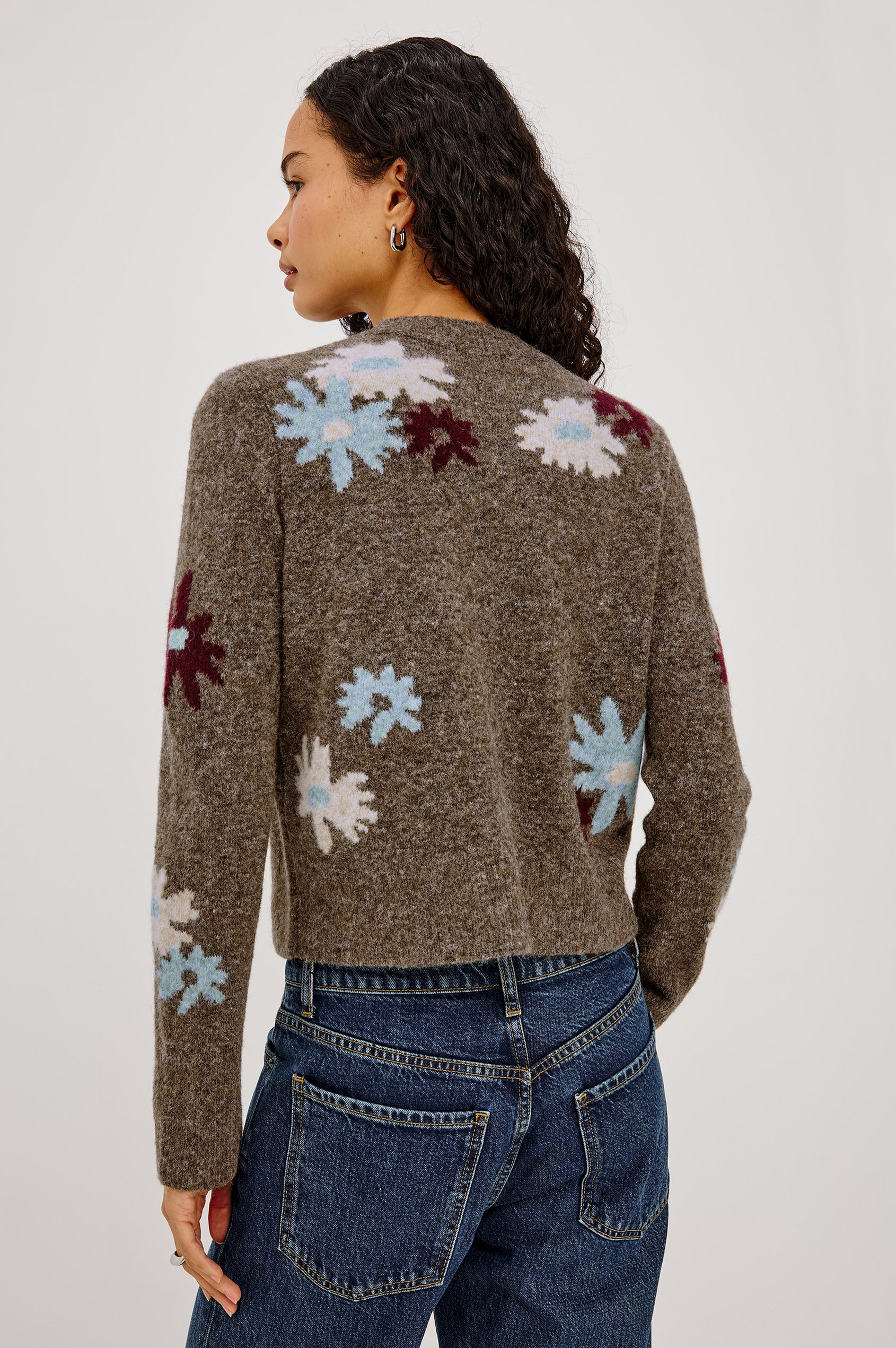 Millie Cardigan in Wool Blend Knit With Slightly Cropped Relaxed Fit, Crew Neck, Front Buttons, Long Sleeves, and Ribbed Trim in Grey Flora Colorway - Upper Body Back View Featured on Model