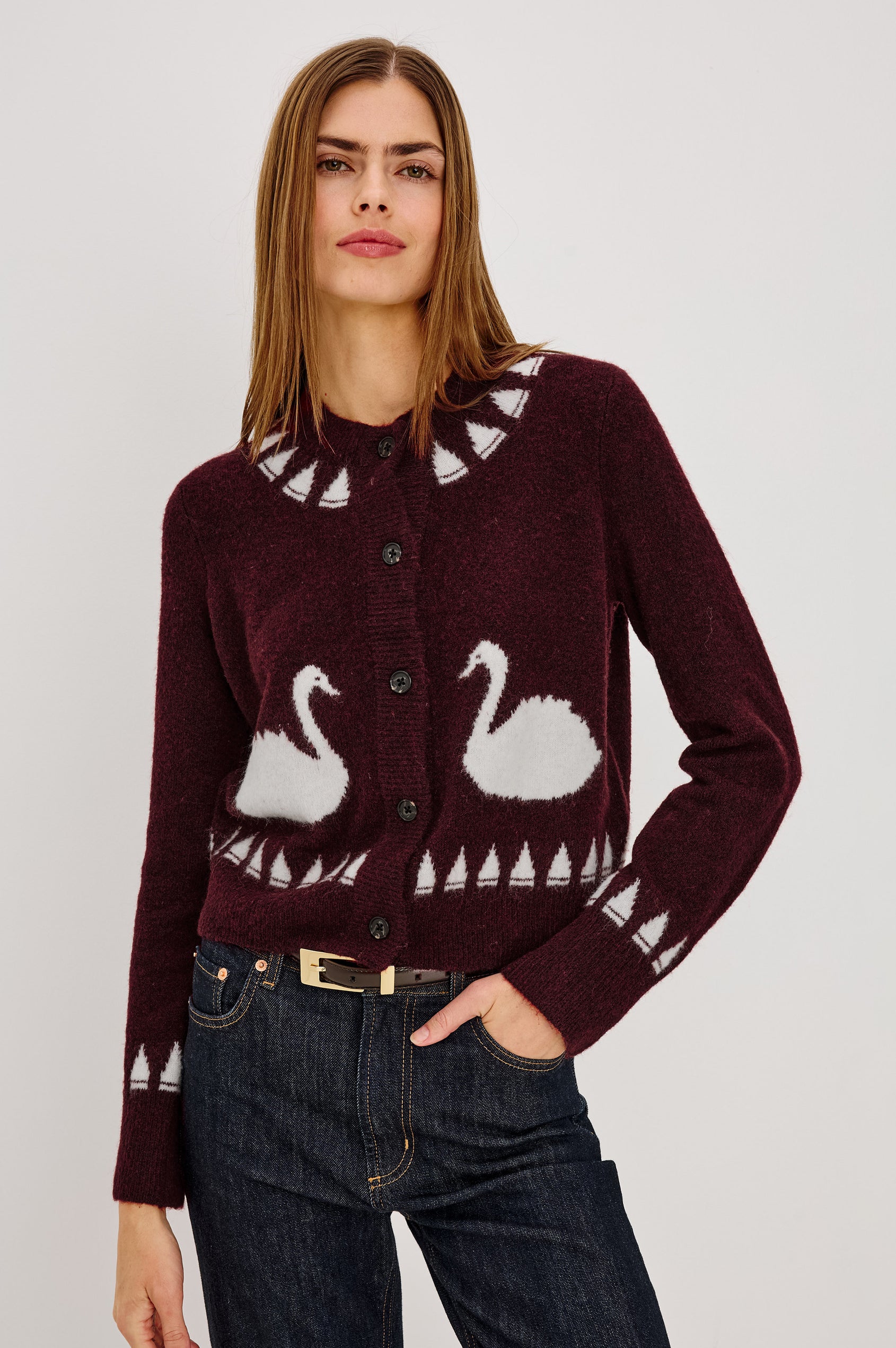 Millie Cardigan in Wool Blend Knit With Slightly Cropped Relaxed Fit, Crew Neck, Front Buttons, Long Sleeves, and Ribbed Trim in Swans Colorway - Full Body Front View Featured on Model