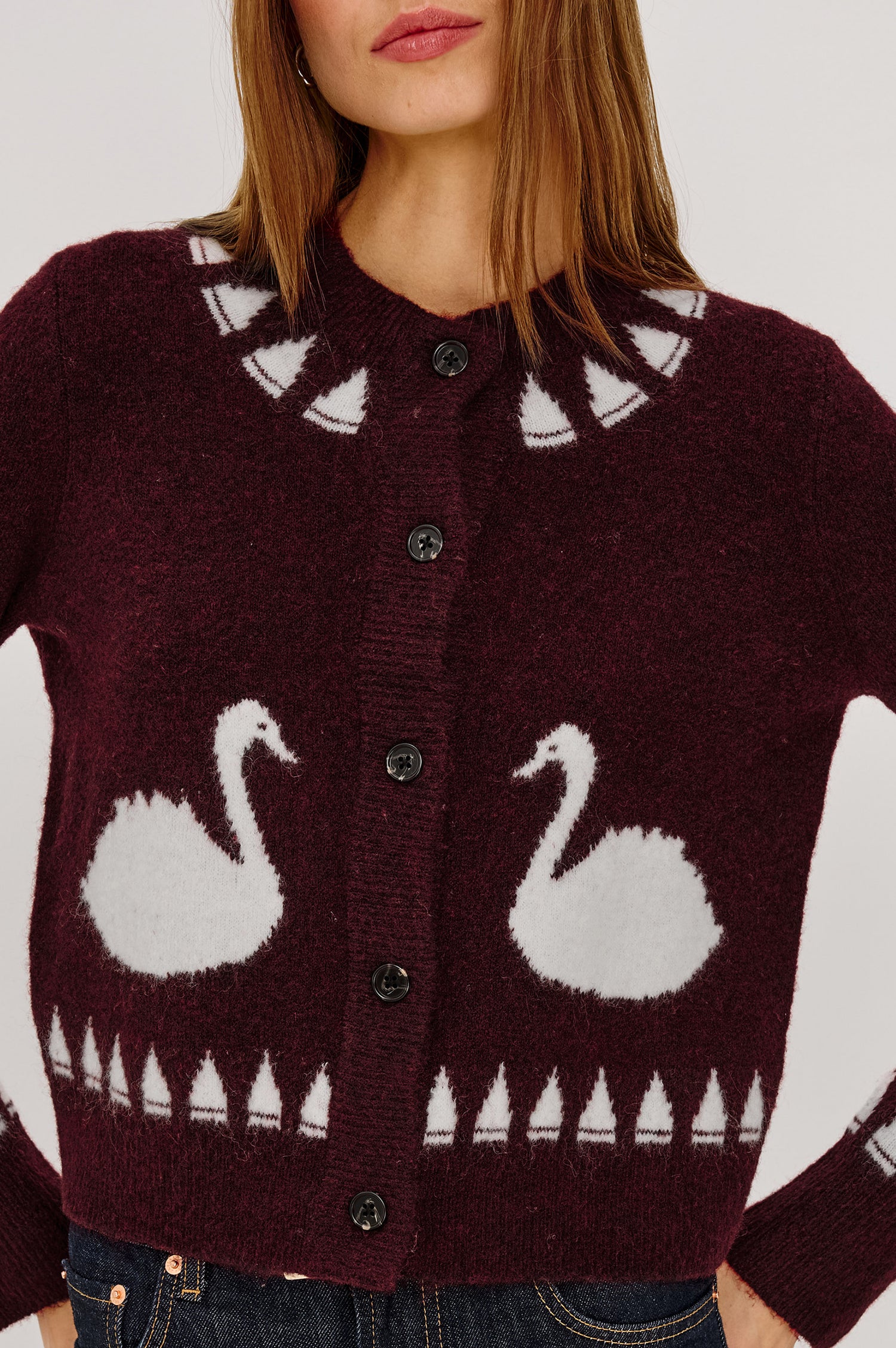 Millie Cardigan in Wool Blend Knit With Slightly Cropped Relaxed Fit, Crew Neck, Front Buttons, Long Sleeves, and Ribbed Trim in Swans Colorway - Mid Body Front View Featured on Model