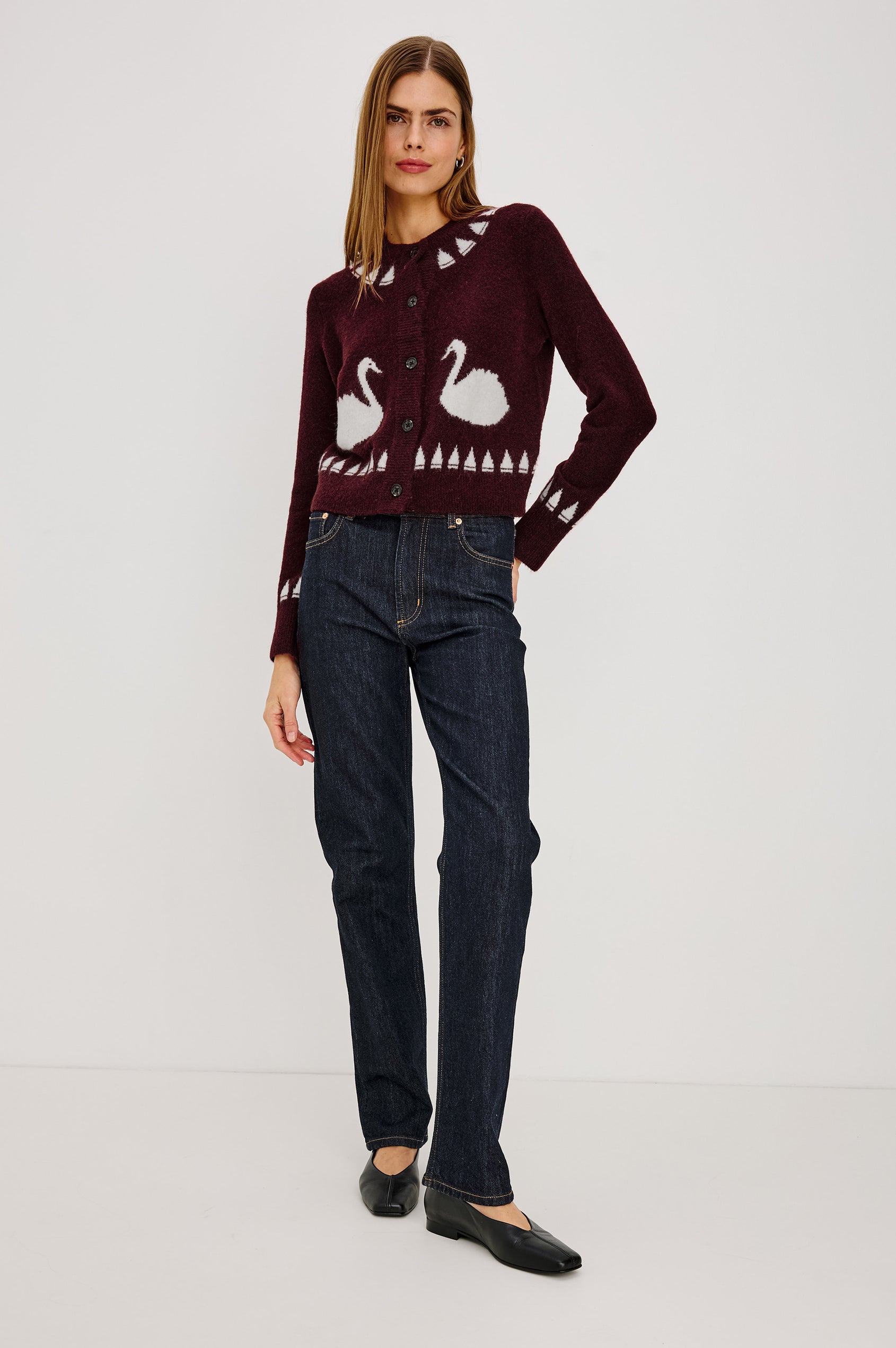 Millie Cardigan in Wool Blend Knit With Slightly Cropped Relaxed Fit, Crew Neck, Front Buttons, Long Sleeves, and Ribbed Trim in Swans Colorway - Full Body Front View Featured on Model