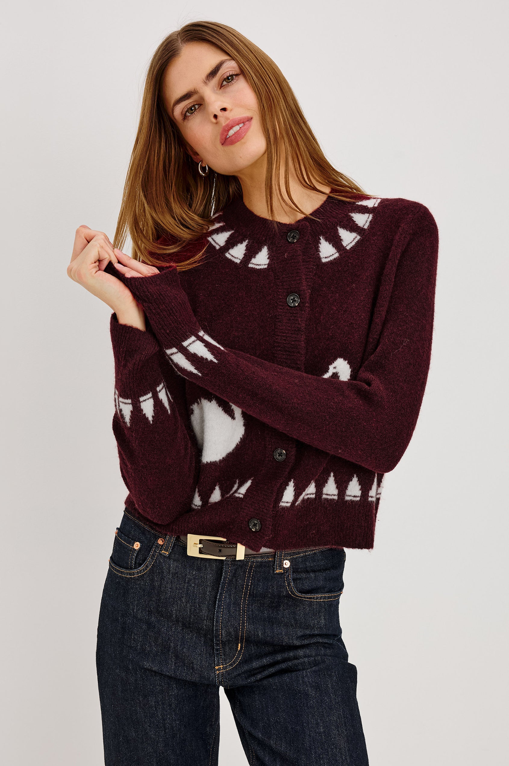 Millie Cardigan in Wool Blend Knit With Slightly Cropped Relaxed Fit, Crew Neck, Front Buttons, Long Sleeves, and Ribbed Trim in Swans Colorway - Upper Body Front View Featured on Model