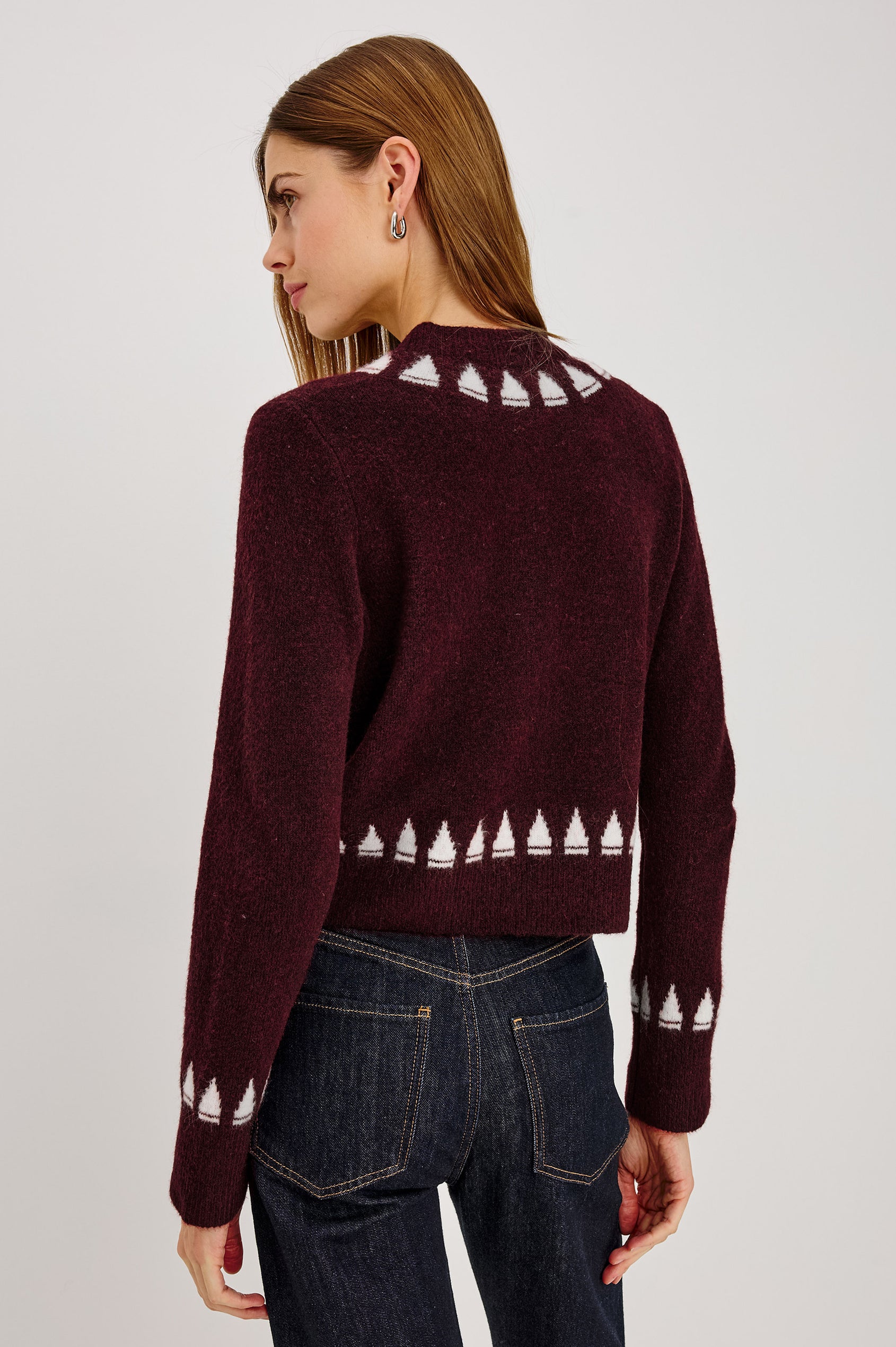 Millie Cardigan in Wool Blend Knit With Slightly Cropped Relaxed Fit, Crew Neck, Front Buttons, Long Sleeves, and Ribbed Trim in Swans Colorway - Upper Body Back View Featured on Model