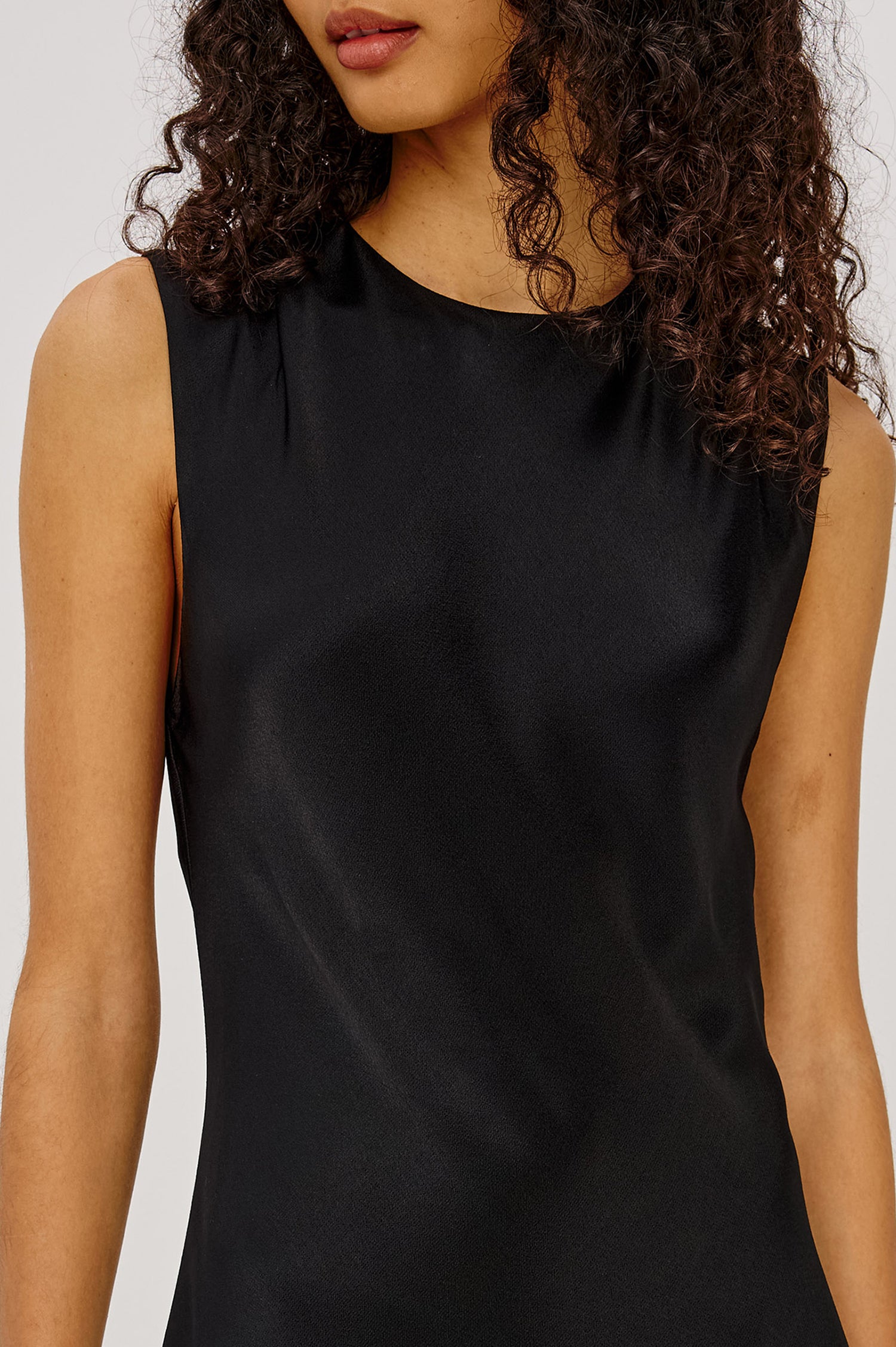 Mira Maxi Dress Bias Cut in Satin-Back Crepe With Crew Neckline, Pleated Shoulders, Side Zipper, and Keyhole Back With Button-Loop Closure in Black Colorway - Upper Body Front View Featured on Model