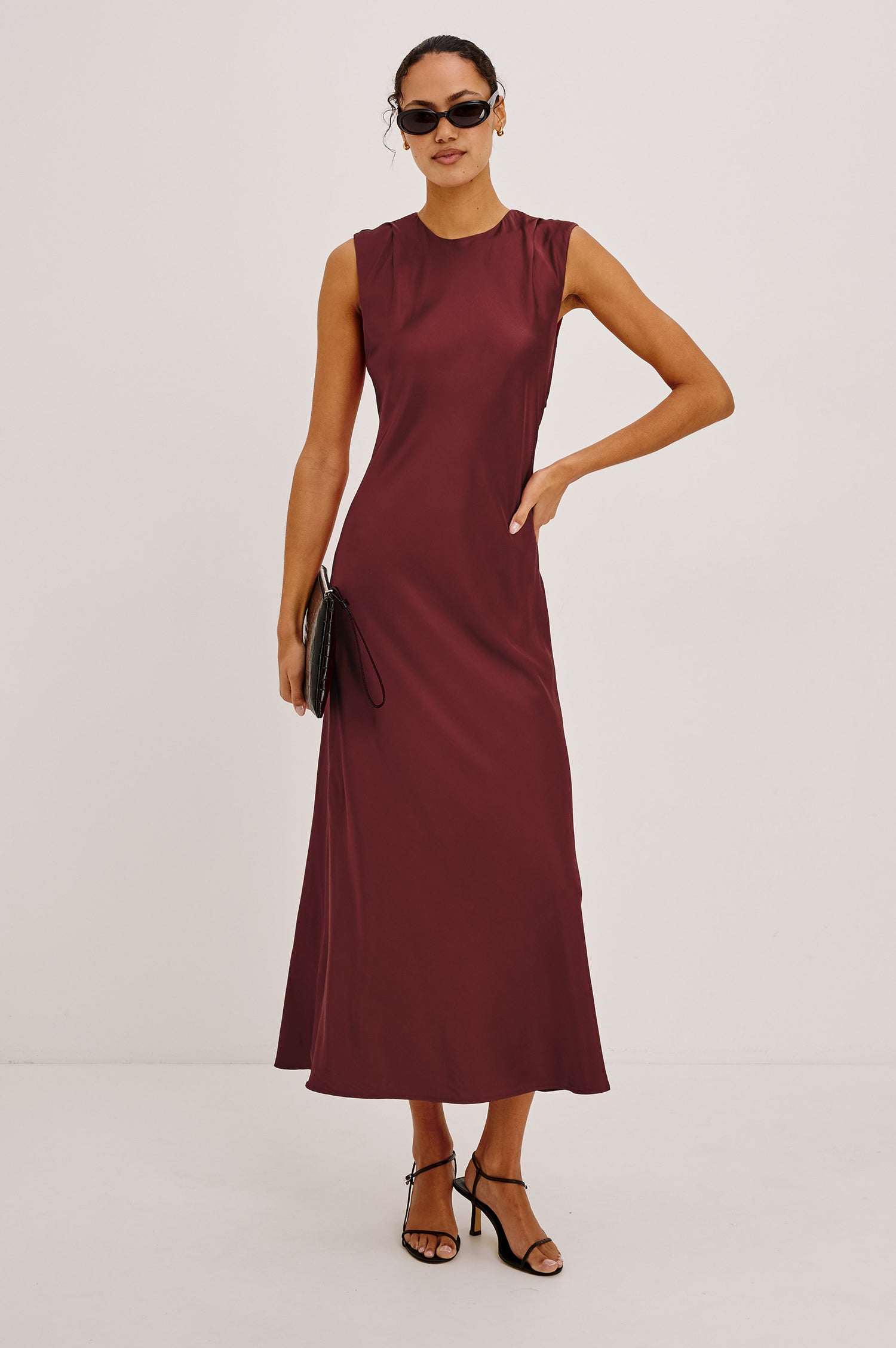 Mira Maxi Dress Bias Cut in Satin-Back Crepe With Crew Neckline, Pleated Shoulders, Side Zipper, and Keyhole Back With Button-Loop Closure in Crimson Colorway - Full Body Front View Featured on Model