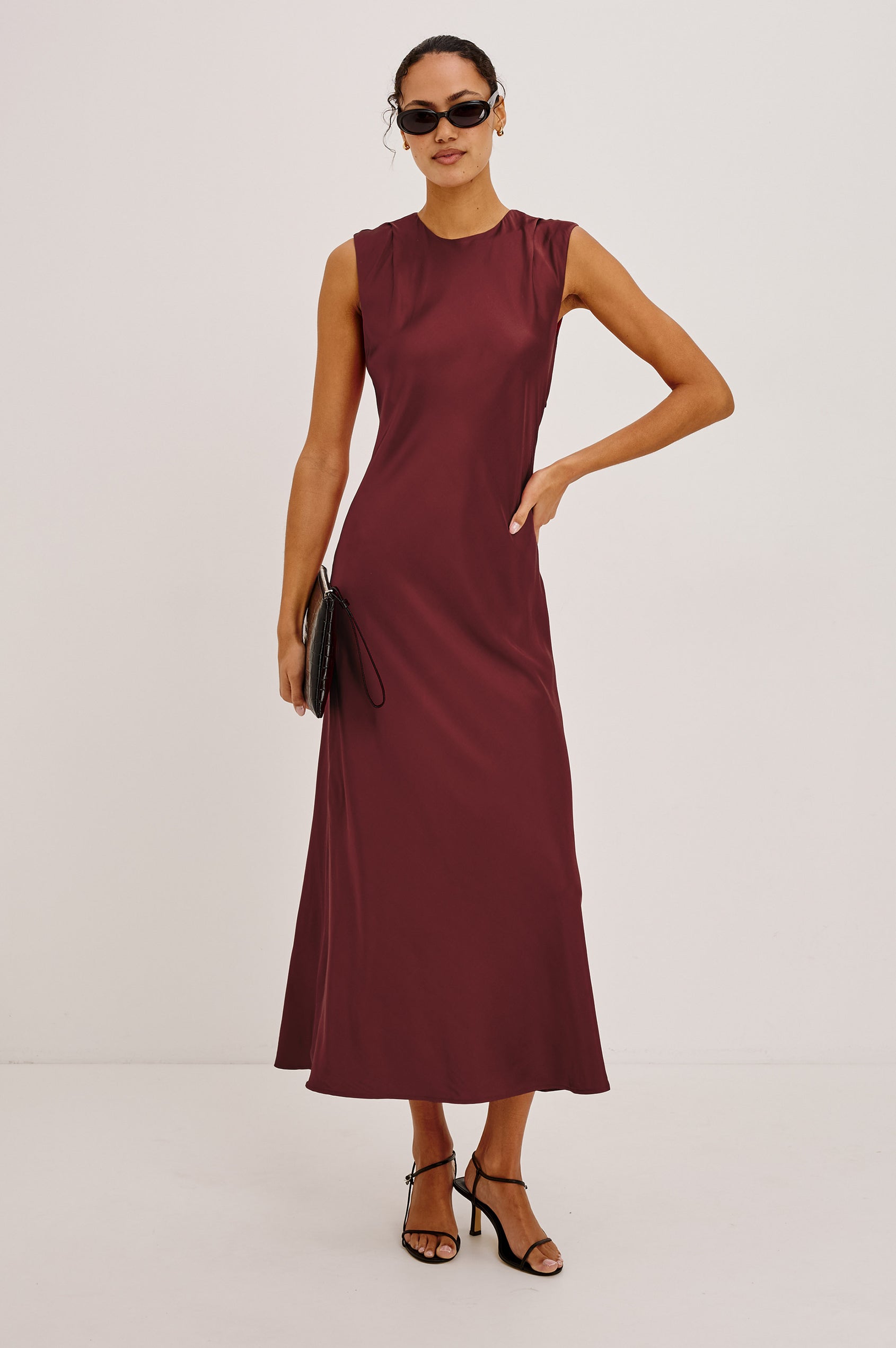 Mira Maxi Dress Bias Cut in Satin-Back Crepe With Crew Neckline, Pleated Shoulders, Side Zipper, and Keyhole Back With Button-Loop Closure in Crimson Colorway - Full Body Front View Featured on Model