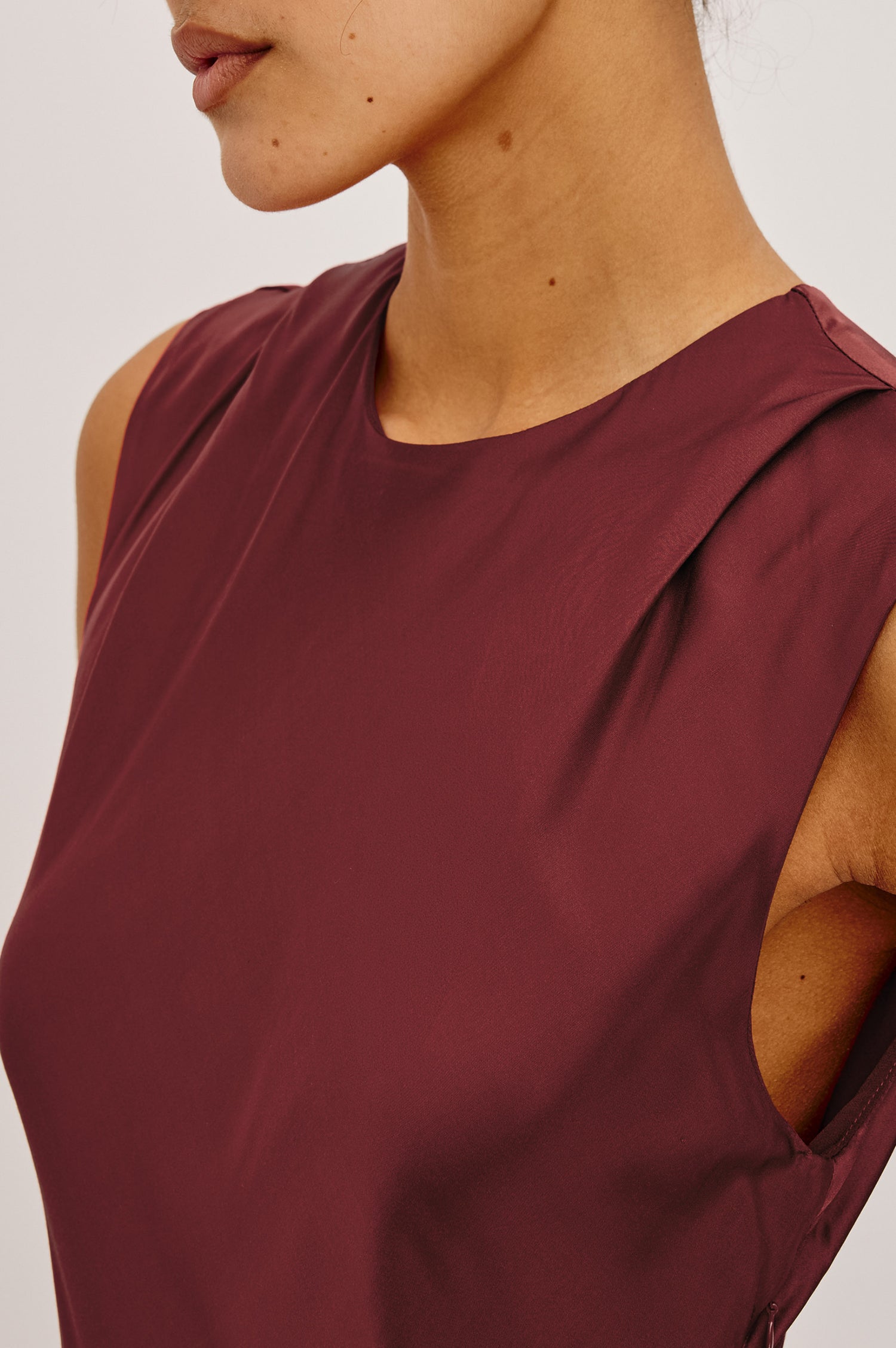 Mira Maxi Dress Bias Cut in Satin-Back Crepe With Crew Neckline, Pleated Shoulders, Side Zipper, and Keyhole Back With Button-Loop Closure in Crimson Colorway - Upper Body Front View Featured on Model