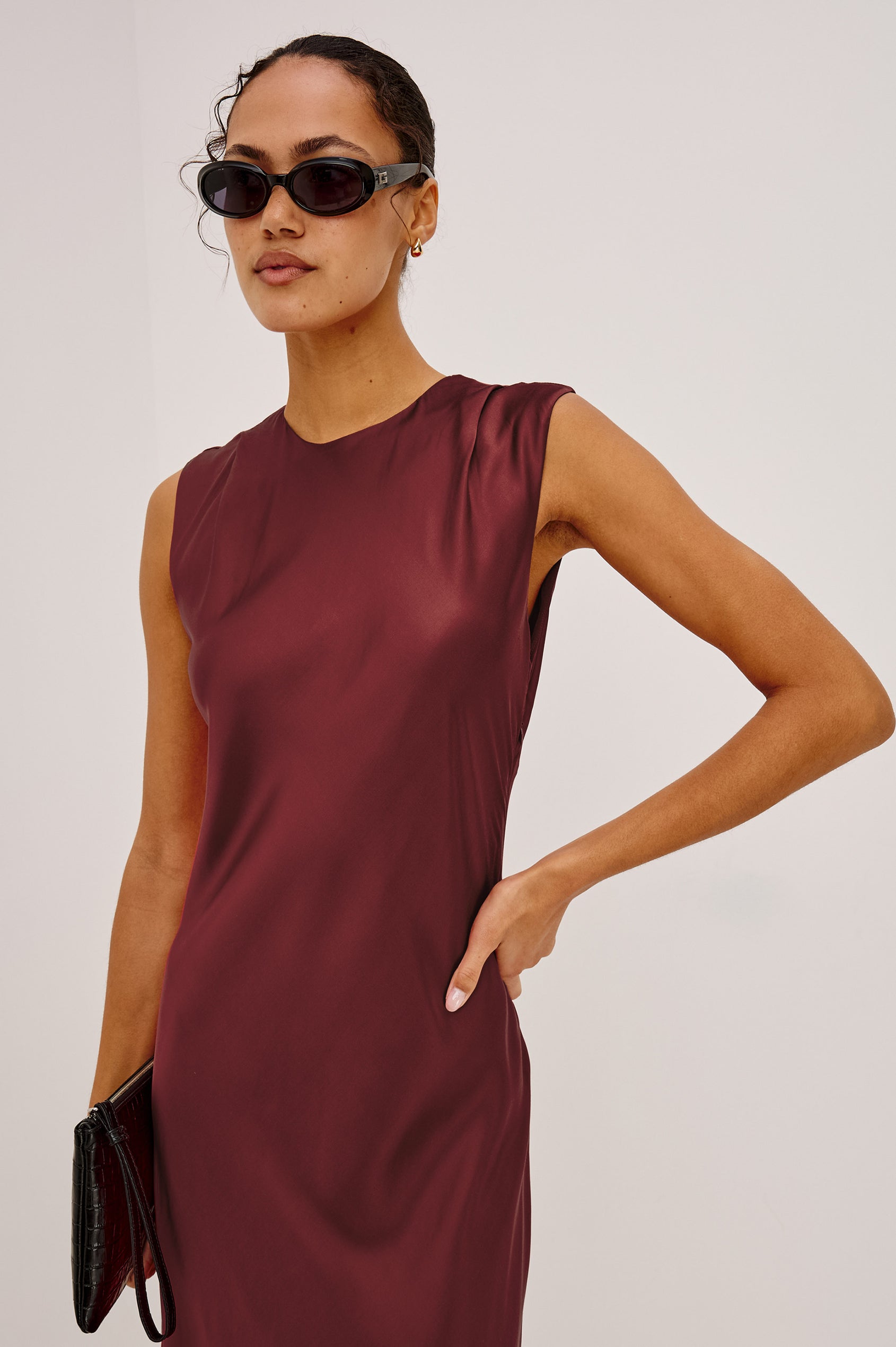 Mira Maxi Dress Bias Cut in Satin-Back Crepe With Crew Neckline, Pleated Shoulders, Side Zipper, and Keyhole Back With Button-Loop Closure in Crimson Colorway - Upper Body Front View Featured on Model