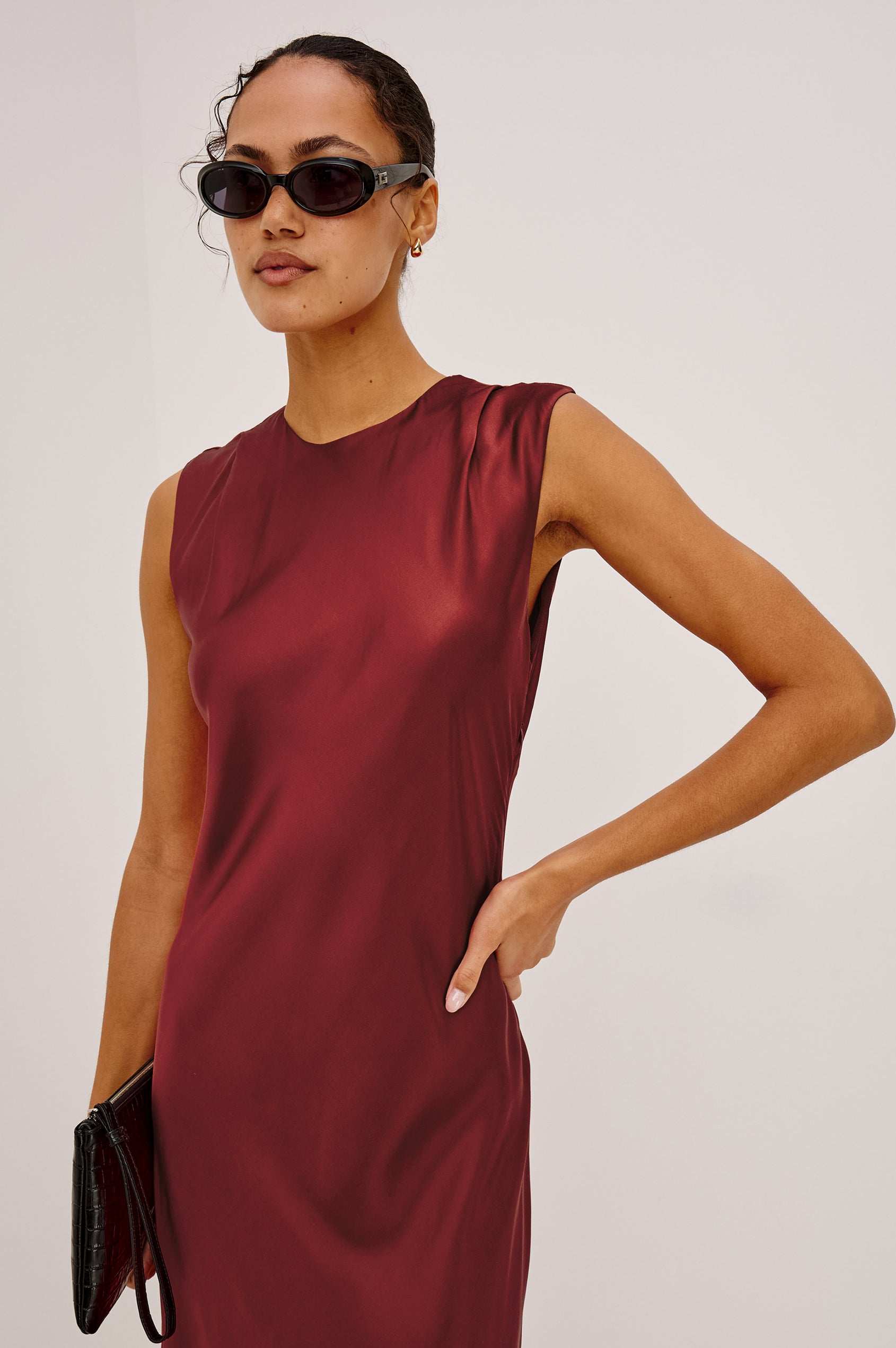 Mira Maxi Dress Bias Cut in Satin-Back Crepe With Crew Neckline, Pleated Shoulders, Side Zipper, and Keyhole Back With Button-Loop Closure in Crimson Colorway - Upper Body Front View Featured on Model