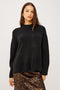 Miranda Long-Sleeve Sweater with a Mock Neck, Side Slits, and Ribbed Trim in Black Colorway - Front View Featured on Model