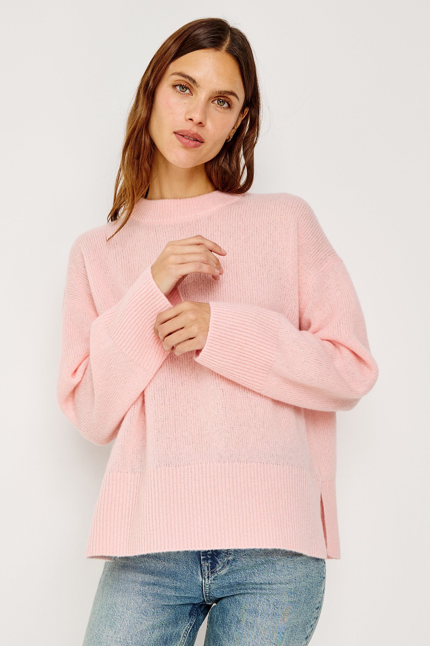 Miranda Sweater in Cashmere-Silk Blend With Crew Neckline, Ribbed Trim, Dropped Shoulders, Loose Relaxed Fit, and Long Sleeves in Carnation Colorway - Upper Body Front View Featured on Model