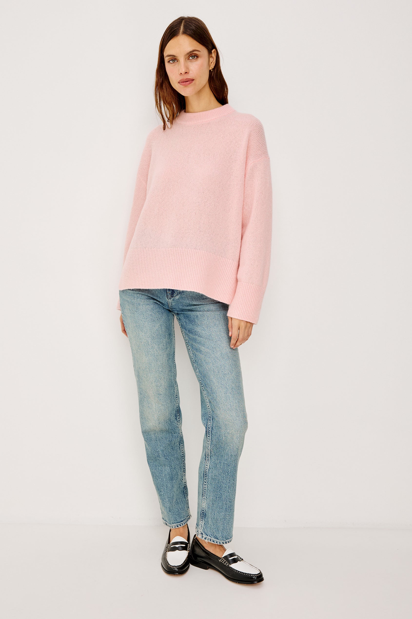 Miranda Sweater in Cashmere-Silk Blend With Crew Neckline, Ribbed Trim, Dropped Shoulders, Loose Relaxed Fit, and Long Sleeves in Carnation Colorway - Full Body Front View Featured on Model