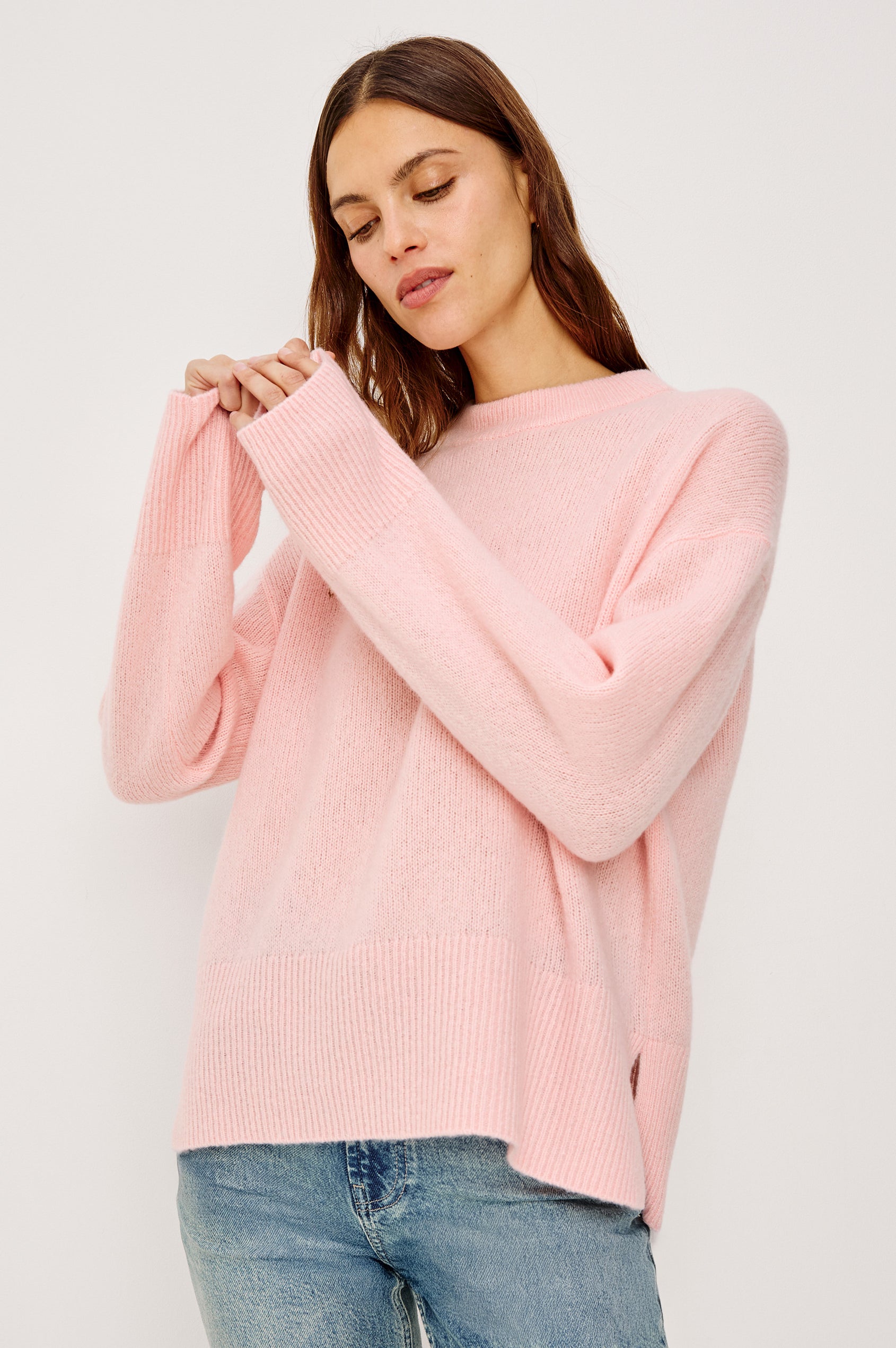 Miranda Sweater in Cashmere-Silk Blend With Crew Neckline, Ribbed Trim, Dropped Shoulders, Loose Relaxed Fit, and Long Sleeves in Carnation Colorway - Upper Body Front View Featured on Model