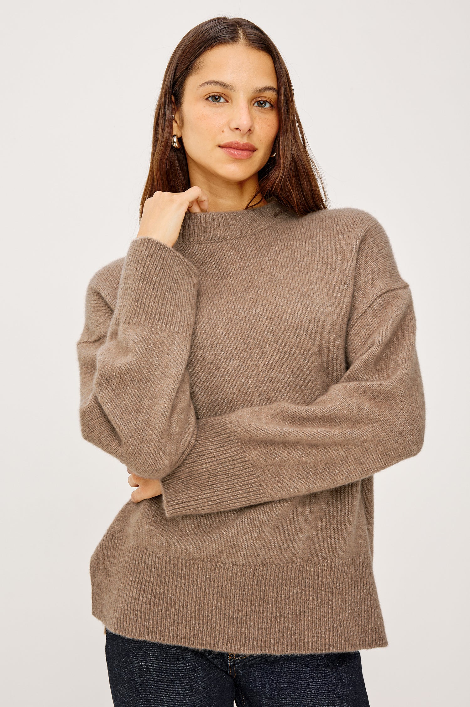 Miranda Long-Sleeve Sweater with a Mock Neck, Side Slits, and Ribbed Trim in Oatmeal Colorway - Front View Featured on Model