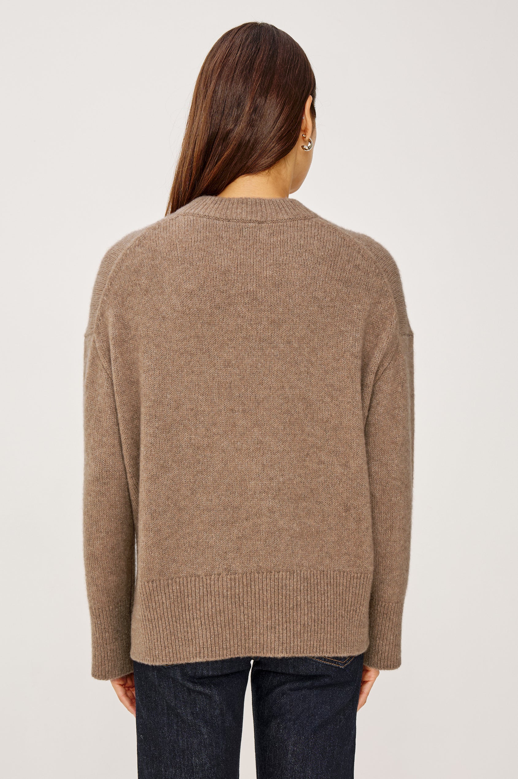 Miranda Long-Sleeve Sweater with a Mock Neck, Side Slits, and Ribbed Trim in Oatmeal Colorway - Back View Featured on Model