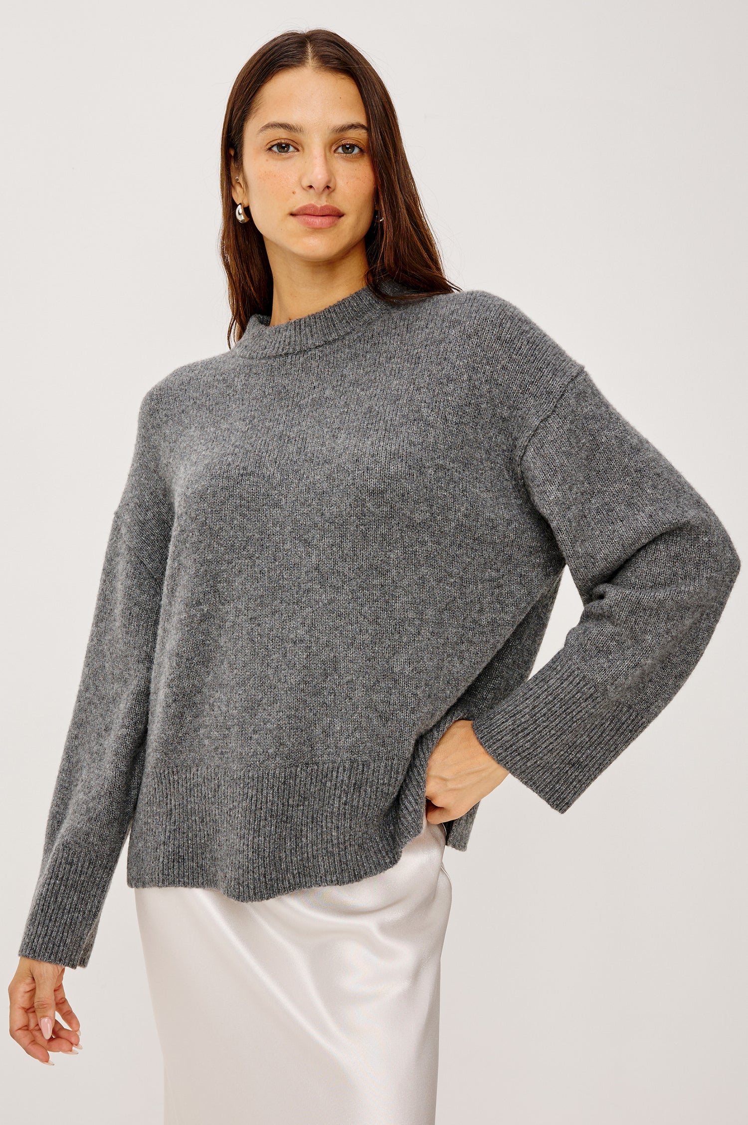 Miranda Long-Sleeve Sweater with a Mock Neck, Side Slits, and Ribbed Trim in Thunder Colorway - Front View Featured on Model