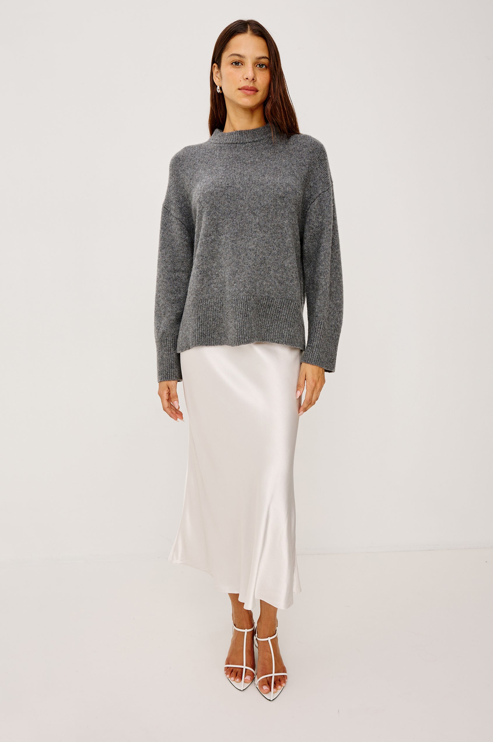 Miranda Long-Sleeve Sweater with a Mock Neck, Side Slits, and Ribbed Trim in Thunder Colorway - Full Body Front View Featured on Model