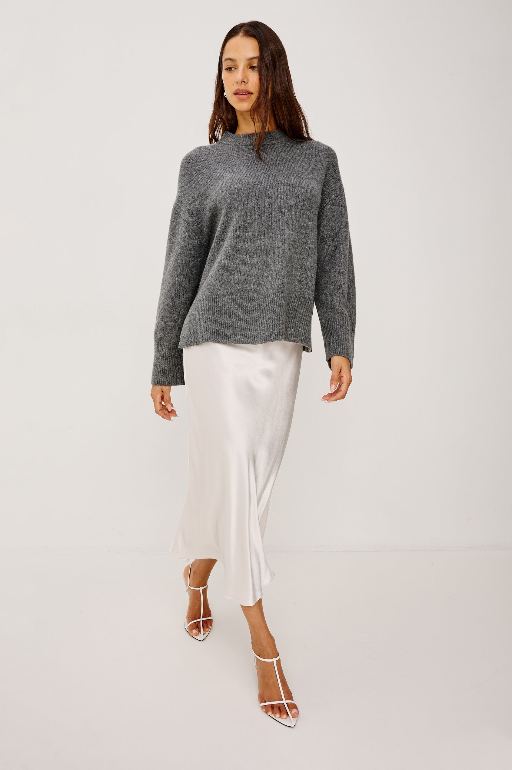 Miranda Long-Sleeve Sweater with a Mock Neck, Side Slits, and Ribbed Trim in Thunder Colorway - Full Body Front View Featured on Model