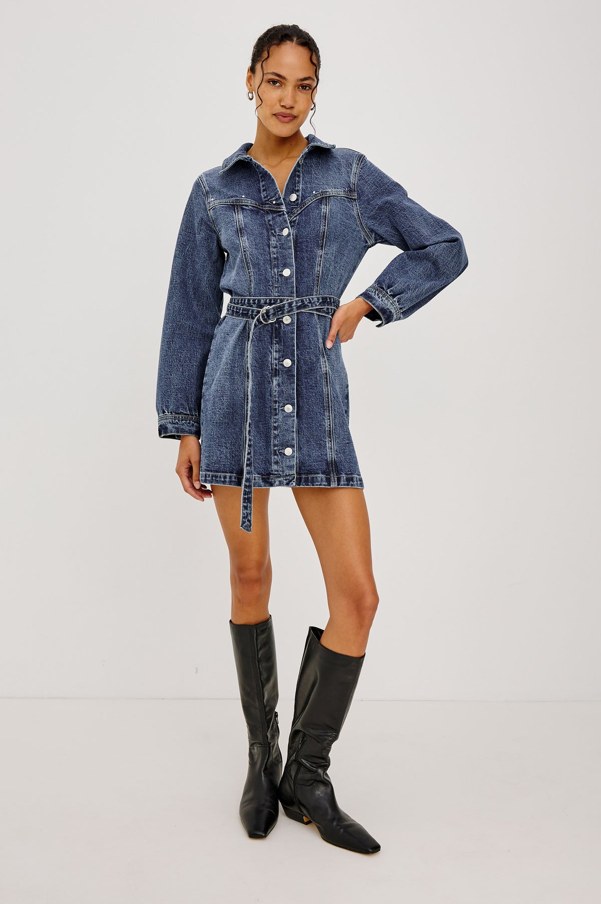 Montant Mini Dress in Comfort-Stretch Denim With Studded Front Yoke, Button-Front, Long Sleeves, and Double Belt in Blue Bonnet Colorway - Full Body Front View Featured on Model