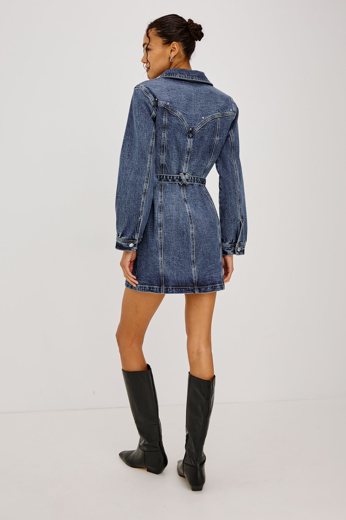 Montant Mini Dress in Comfort-Stretch Denim With Studded Front Yoke, Button-Front, Long Sleeves, and Double Belt in Blue Bonnet Colorway - Full Body Back View Featured on Model