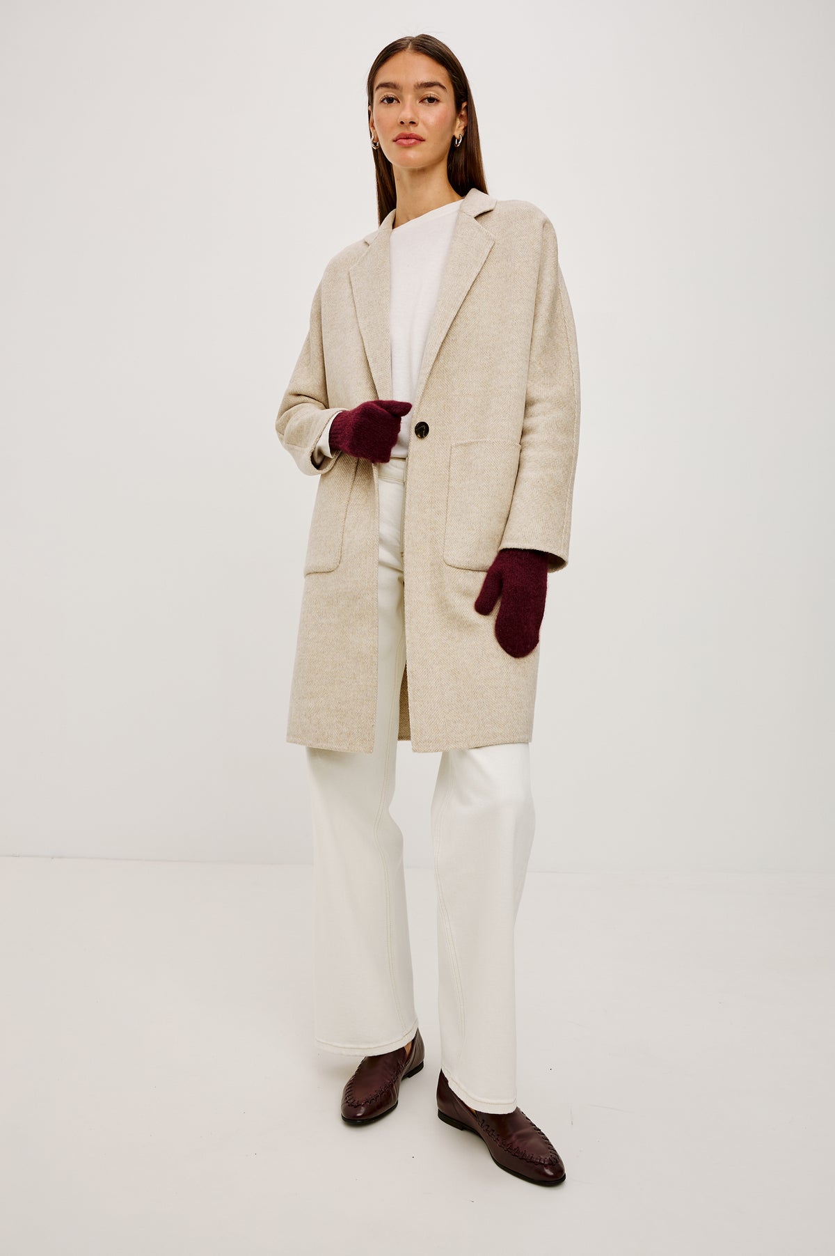 Moritz Mittens in Cashmere Silk Blend With Ribbed Trim in Wine Colorway - Full Body Front View Featured on Model