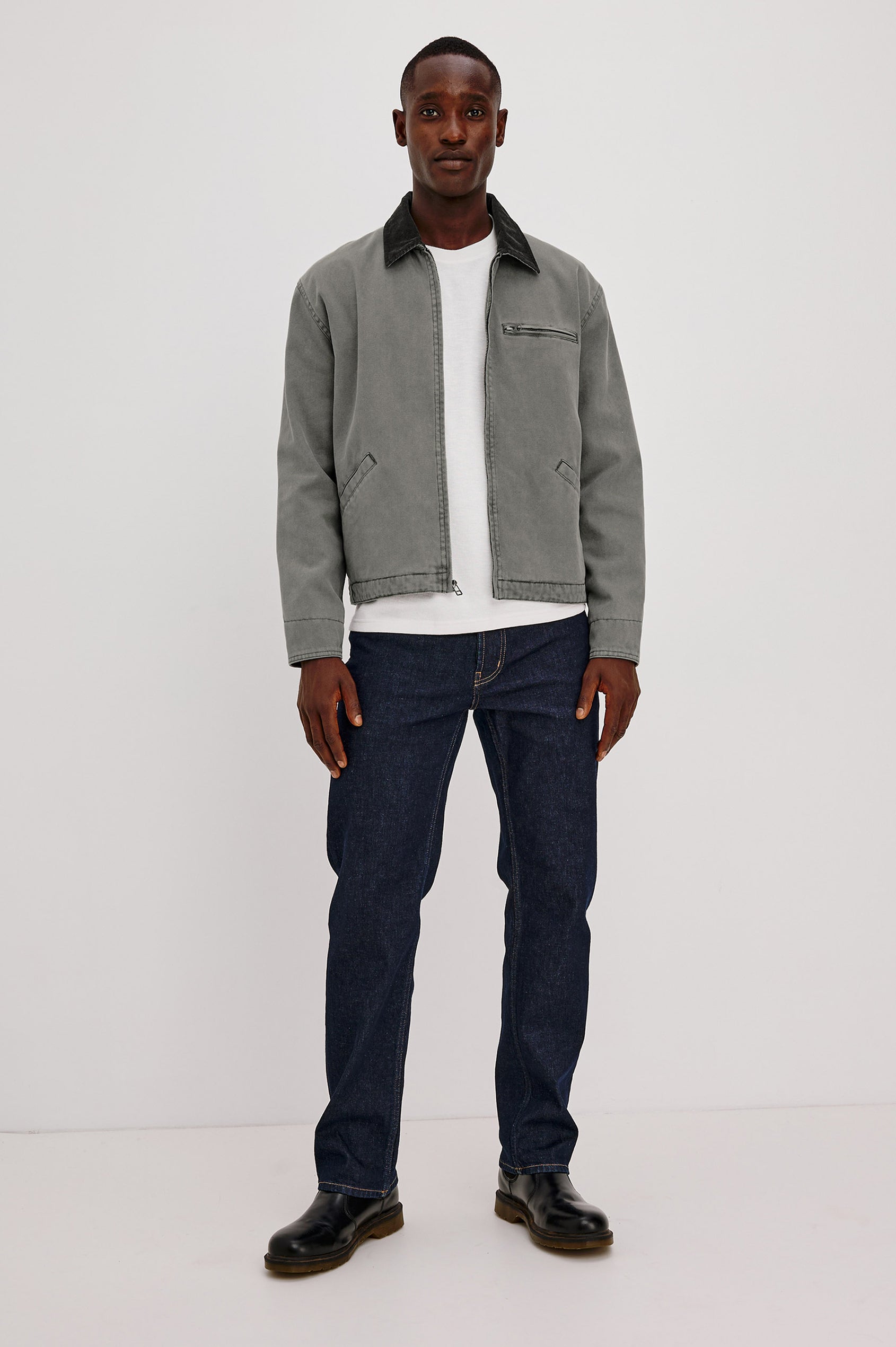Morro Workwear Utility Jacket in Heavy Cotton Canvas Duck With Corduroy Collar, Chest Zip Pocket, Side Welt Pockets, and Custom Dobby Lining in Graphite Colorway - Full Body Front View Featured on Model