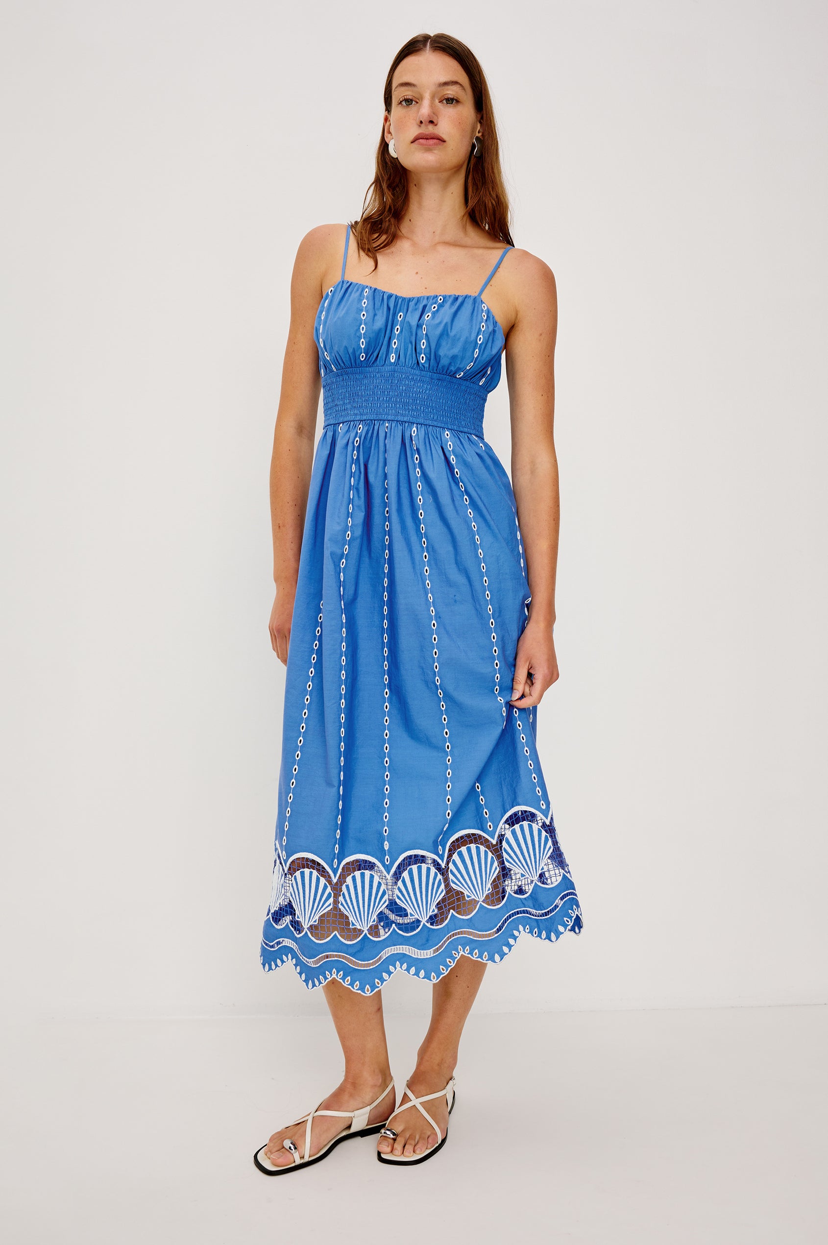 Murano Midi Tank Dress with Spaghetti Straps, Gathered Elastic Waistband, Sea Shell Embroidery and Scalloped Hem in French Blue Colorway. Full Body Front View Shown on Model.