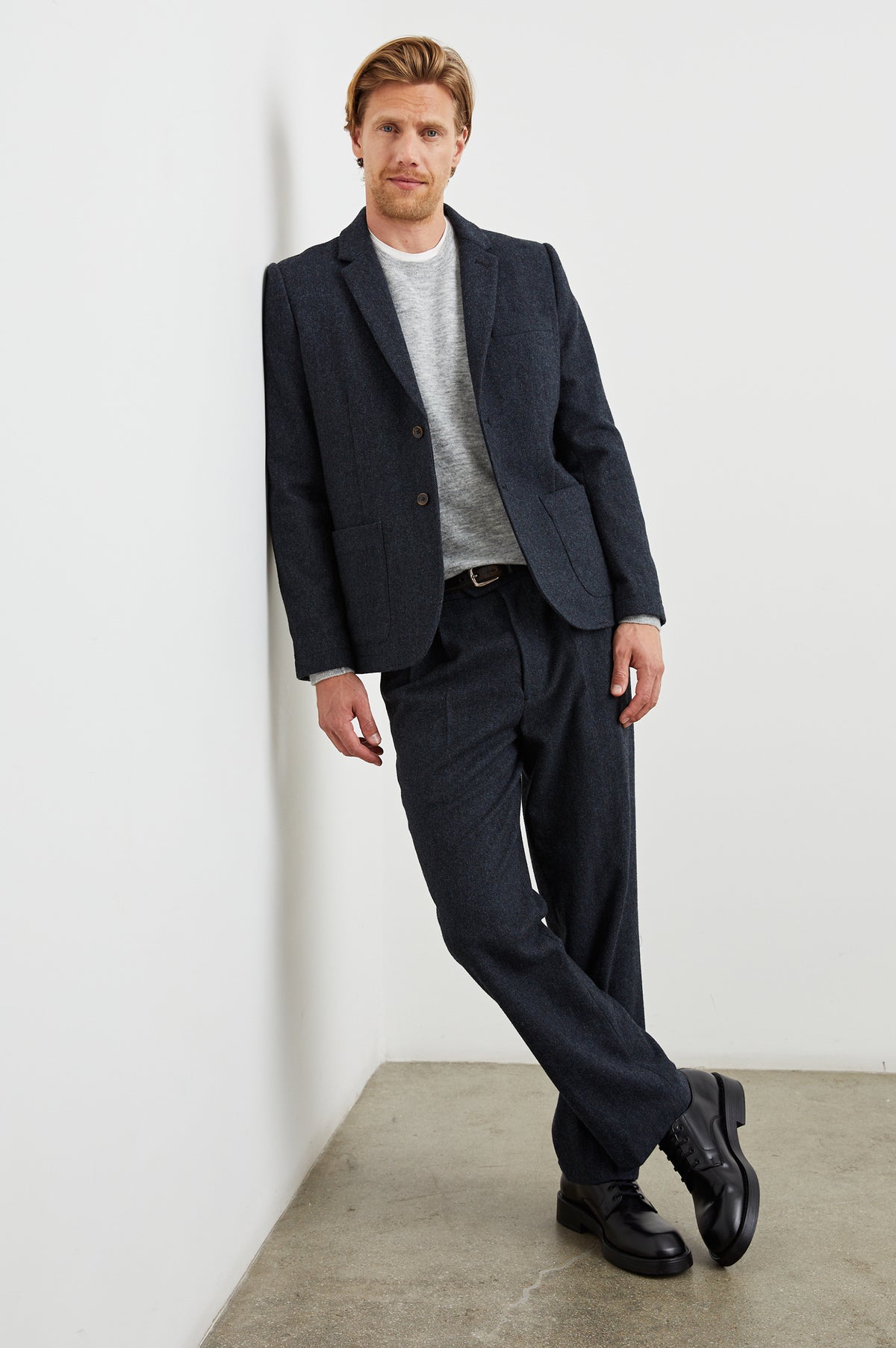 Murphy Pants with Pleats at the Waist, Belt Loops, Two Front Pockets and Two Button Welt Back Pockets in Celestial Tweed Colorway - Front Full Body View Featured on Model