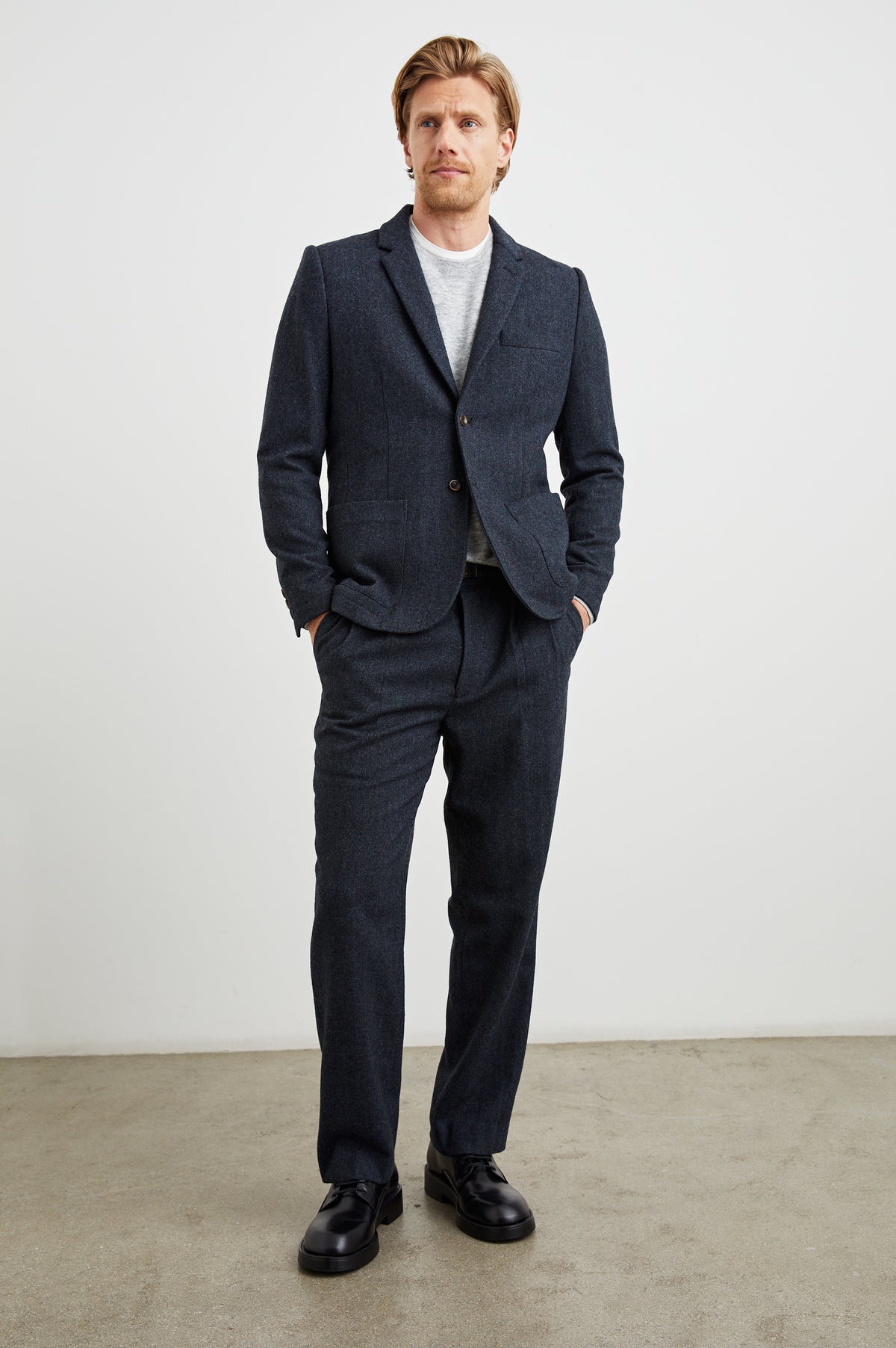 Murphy Pants with Pleats at the Waist, Belt Loops, Two Front Pockets and Two Button Welt Back Pockets in Celestial Tweed Colorway - Front Full Body View Featured on Model