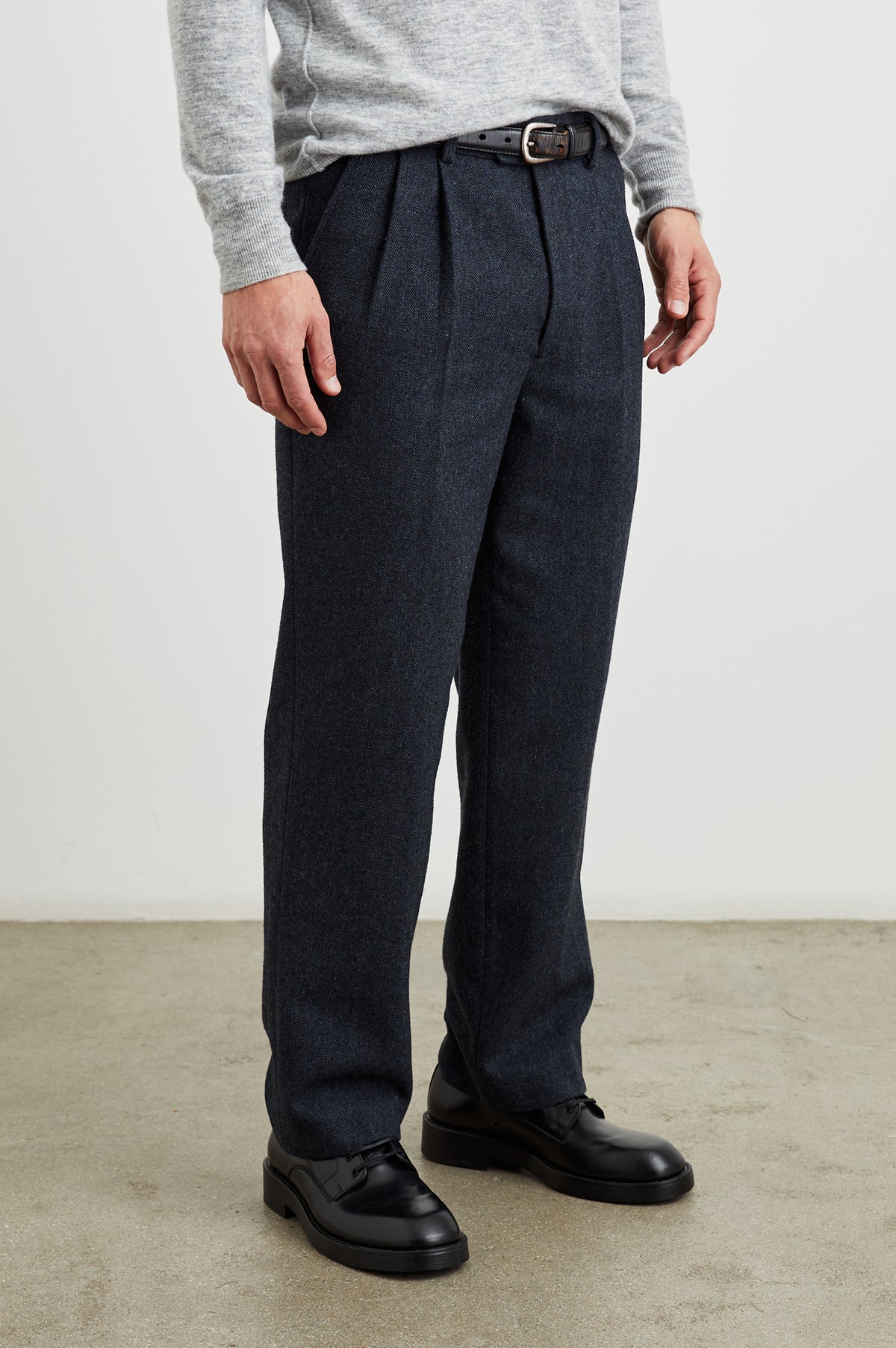 Murphy Pants with Pleats at the Waist, Belt Loops, Two Front Pockets and Two Button Welt Back Pockets in Celestial Tweed Colorway - Front View Featured on Model