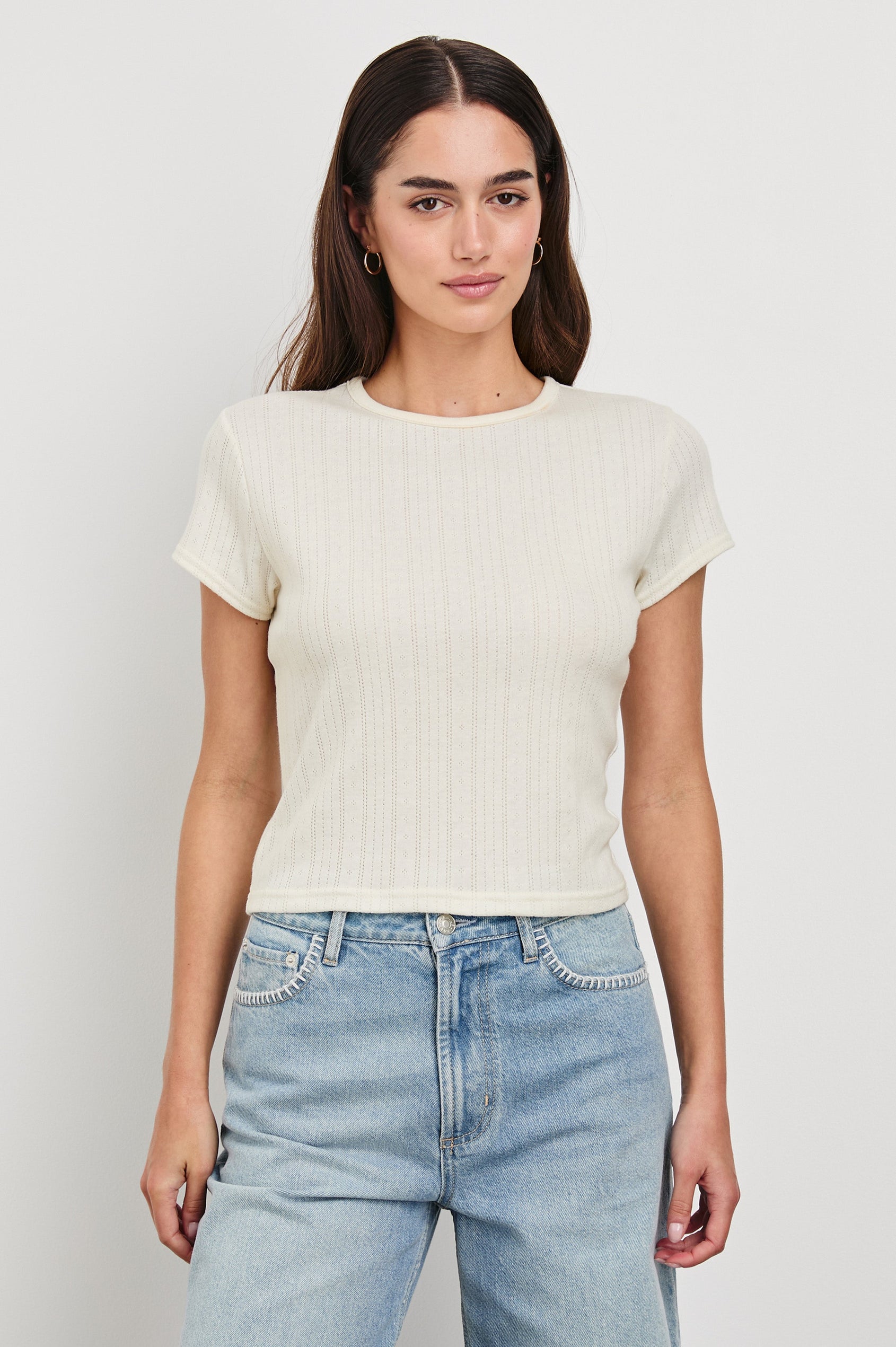 Muse crewneck short sleeve shirt with pointelle ribbed fabric in Ivory colorway - front view on model