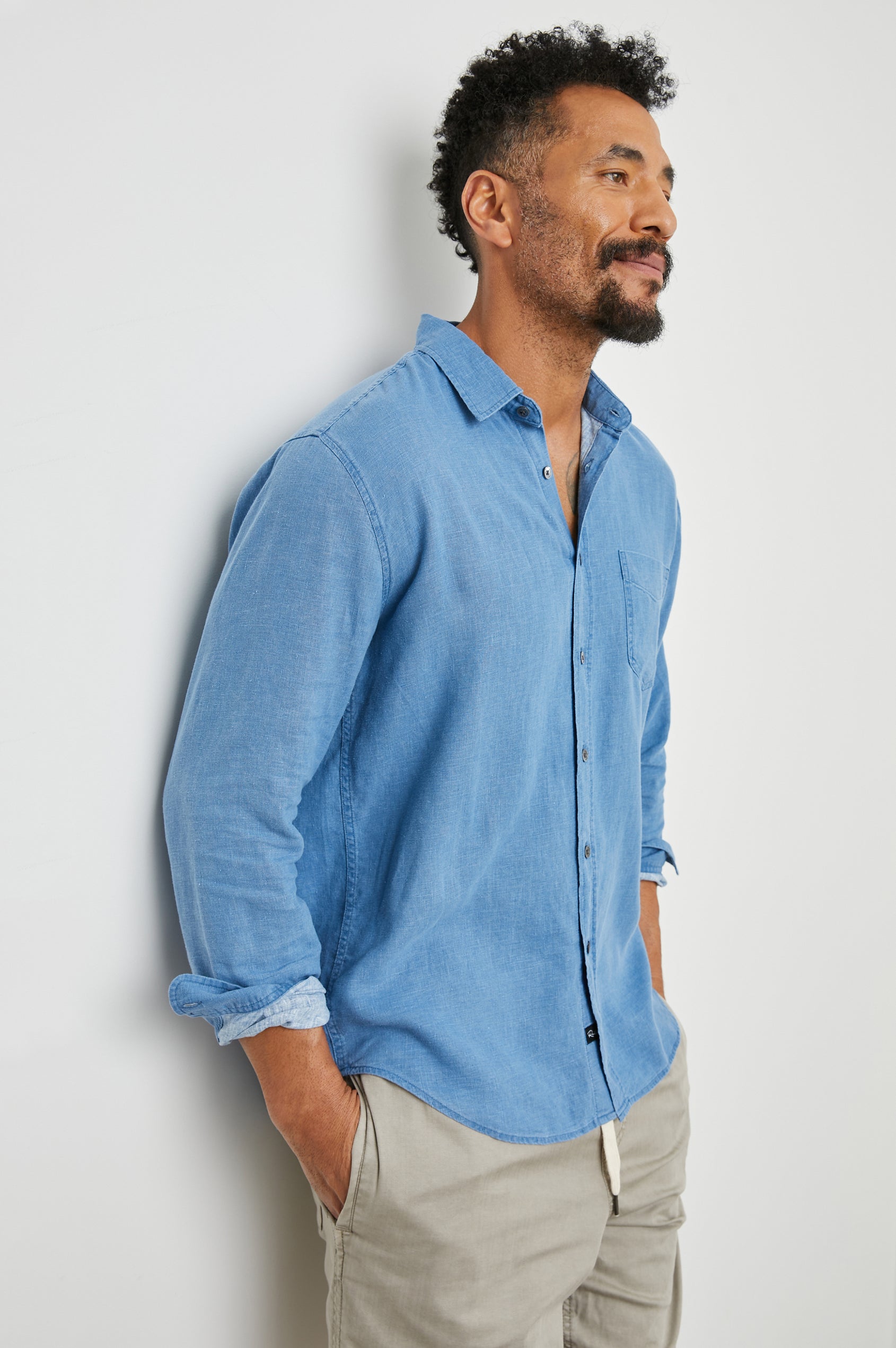 Mykonos Long-Sleeve Button Up with a Patch Pocket in Celsius Colorway, a blue - Front View Featured on Model