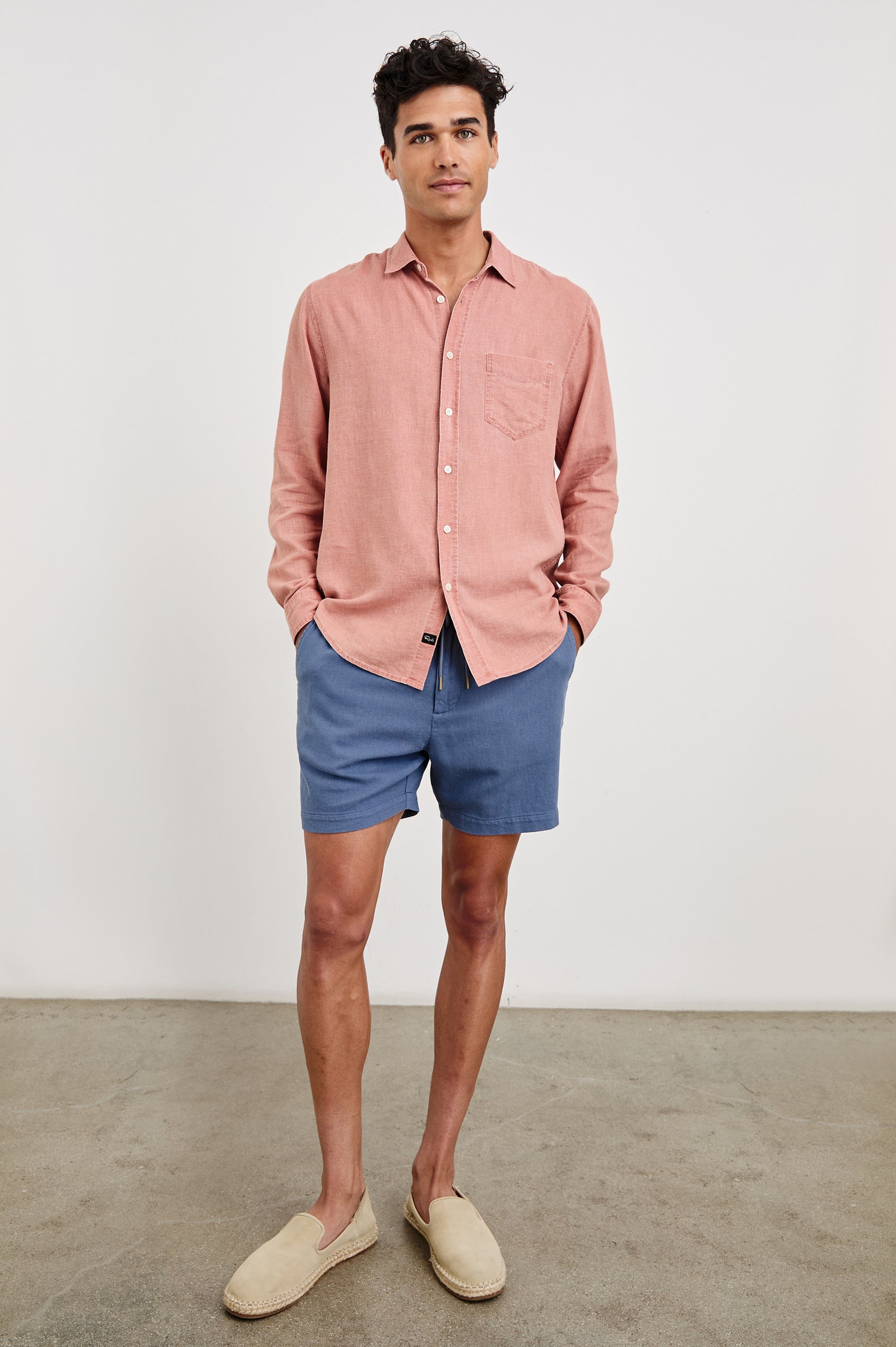 Mykonos linen button up long sleeve with front chest pocket and collar in Desert Rose - full body front view on model