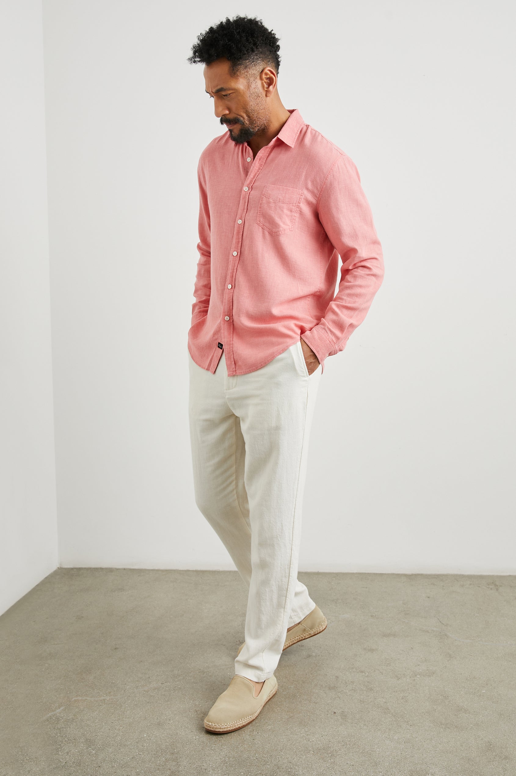 Mykonos Long-Sleeve Button Up with a Patch Pocket in Equator Colorway, a pink - Front Full Body View Featured on Model