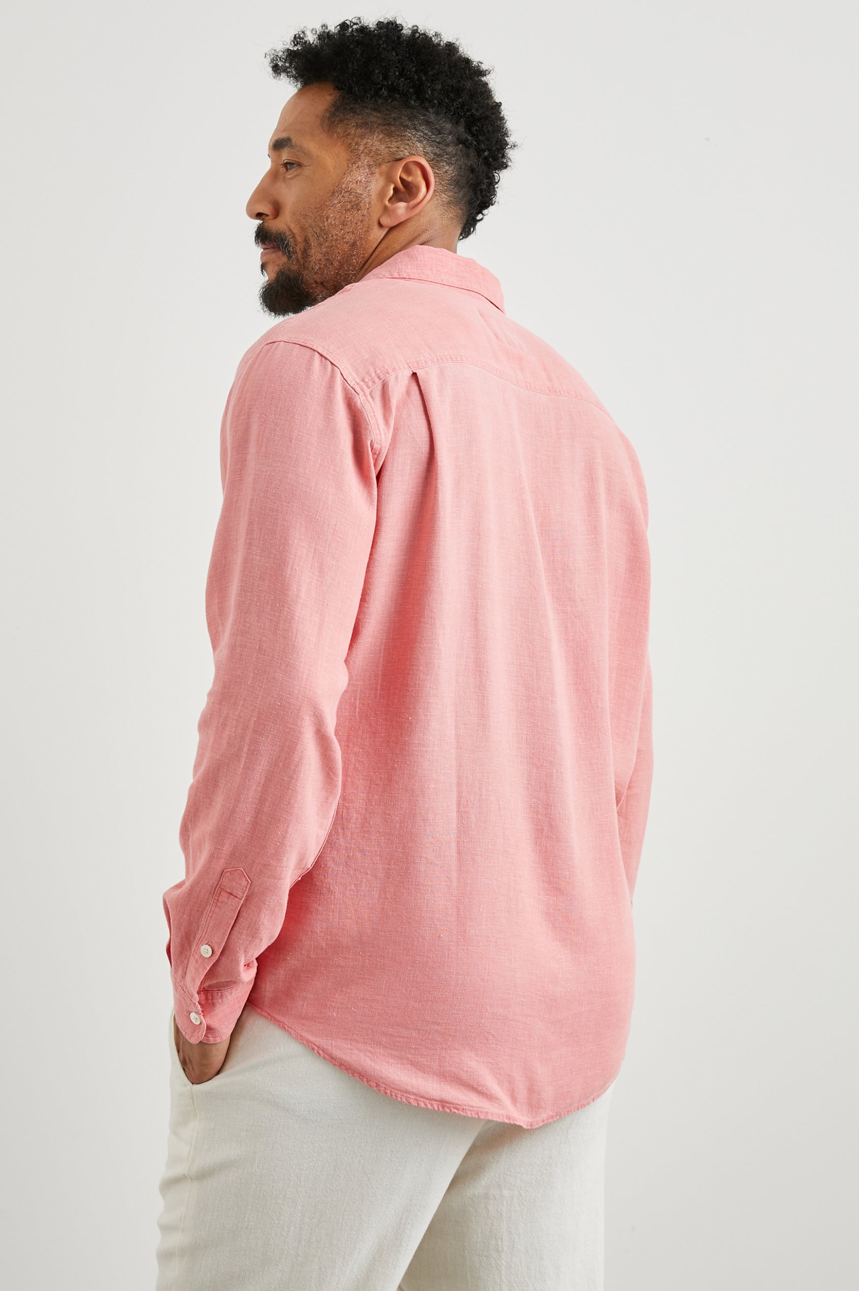 Mykonos Long-Sleeve Button Up with a Patch Pocket in Equator Colorway, a pink - Back View Featured on Model